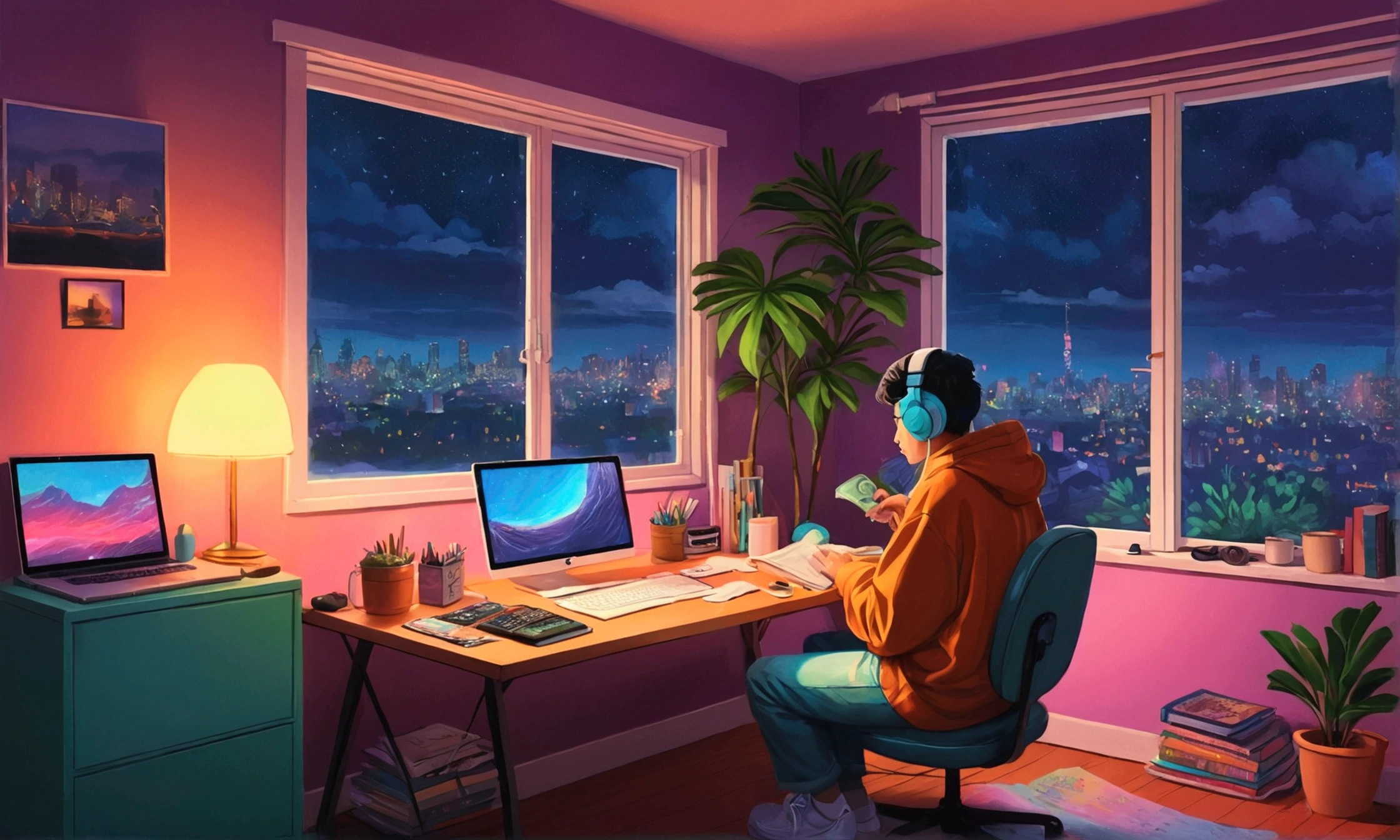 (NULL), studying in your room, reading a book, Wear headphones, , night lights, Neon landscape on a rainy day,analog color theme, Hip Hop Lo-Fi , retrospective, flat ass, 2.5D ,Draw a line, ink draw, Grande declive, Watercolor painting, Cores Goosch, studio ghibli style, Impressively colorful, External ton, synthetic wave, Lofi Style,90s style,old texture, amplitude,90s vibe, tabletop, Tremendous technology