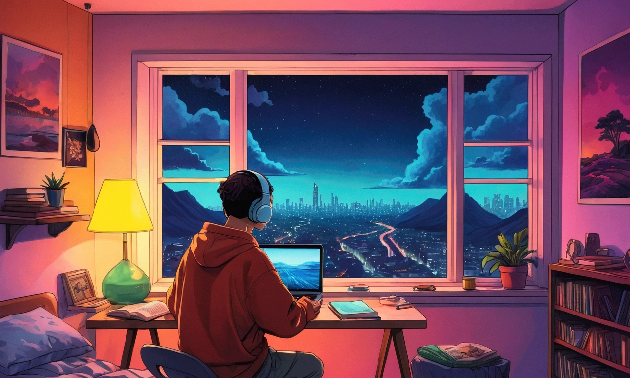 (NULL),  studying in your room, reading a book, Wear headphones, , night lights, Neon landscape on a rainy day,analog color theme, Hip Hop Lo-Fi , retrospective, flat , 2.5D ,Draw a line, ink draw, Grande declive, Watercolor painting, Cores Goosch, studio ghibli style, Impressively colorful, External ton, synthetic wave, Lofi Style,90s style,old texture, amplitude,90s vibe, tabletop, Tremendous technology