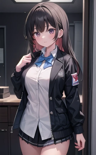 One girl,alone, (Men's Studies Run:1.2), Collared jacket,, masterpiece, Highest quality,,Large Breasts
