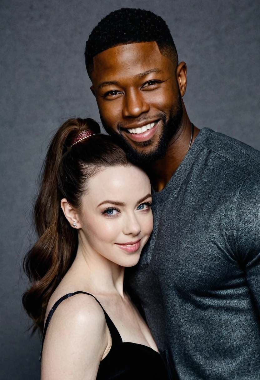 Caucasian actress Kacey Rohl and Trevante Rhodes pose together for a photo. Both are smiling. Both are attired attractively but casually for a date. Kacey has lovely makeup on her face. Daytime. Romantic ambiance. Symmetrical eyes. Symmetrical faces. Lovely details. Photorealistic. Full-colored photo. Professional photo. Highly detailed 8K.