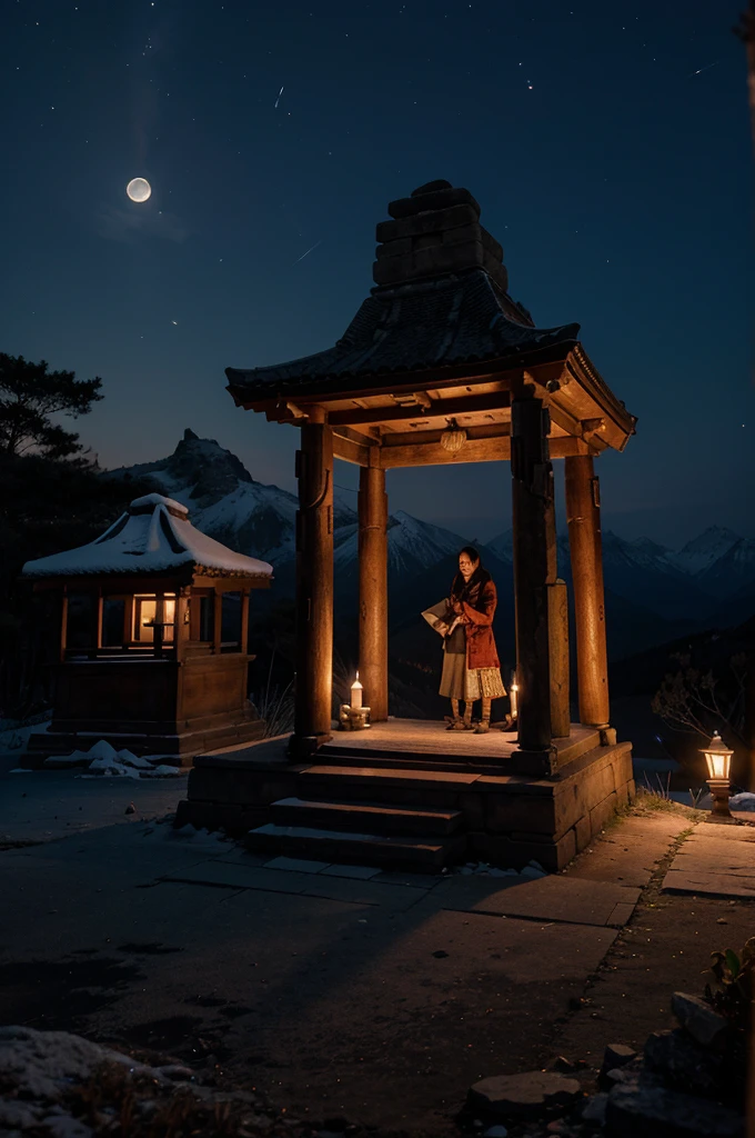 Ancient shrine at the mountain's peak, with Alya and Maya discovering it in the moonlight."