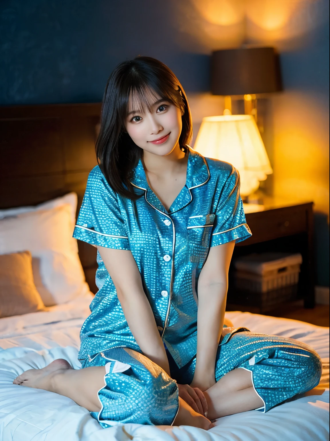 ulzzang-6500-v1.1, (RAW Photos:1.2), (Photorealistic), Beautiful detailed girl, (Genuine: 1.4), Very detailed目と顔, Beautiful and fine details, ((Cute pajama top and bottoms、sit on the bed in your room、Sitting))、game_Hmph, Large file size, High resolution, Very detailed, Highest quality, [masterpiece:1.6], Awareness-raising, Very detailed, Hmph, In detail, Highest quality, 8k wallpaper, Cinema Lighting, One Girl, 17 years old, Perfect figure, Cute droopy eyes、Beautiful big eyes, ((masterpiece)), Highest quality, One Girl, eye shadow,  Portraiture, ((Full Body Shot:1.4))、(A very loving smile:1.2)、Realistic skin texture、Glowing Skin、