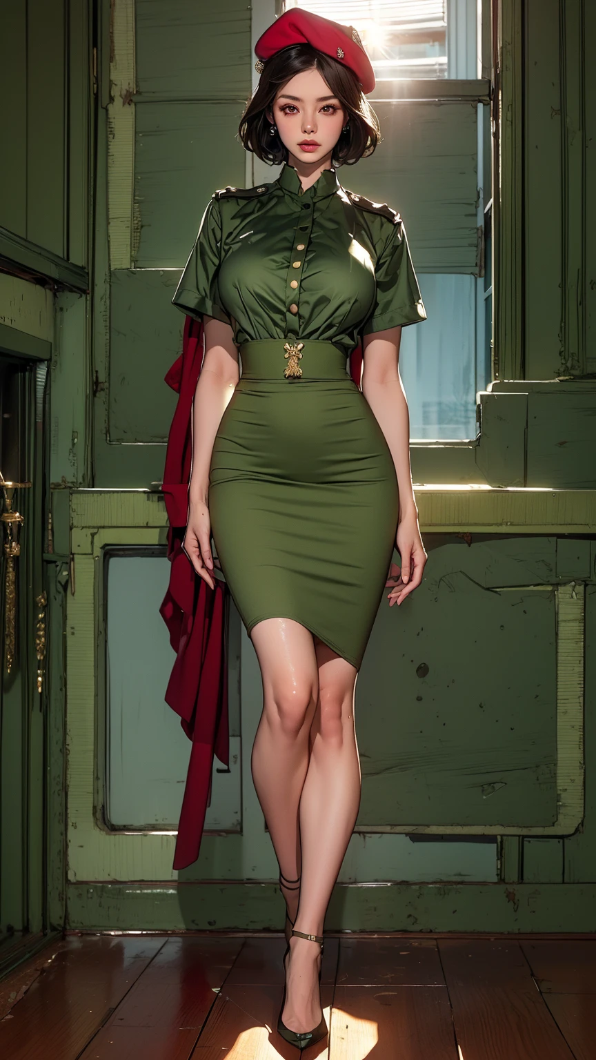 (Best quality, 4K, high resolution, masterpiece:1.2), (ultra-detailed, photo-realistic:1.37), (full-body portrait), 23 years old, Japanese woman, military officer, ambitious, elegance, calm, charming, intimidate, (dark brunette hair), perfect lash, minimal makeup, sun-kissed skin, expressive brown eyes, gloss lips, seductive allure, perfect hourglass body shape, long toned legs, flat abs, perfectly round E cup breasts, very Tall, slim, with peachy hips, (She is wearing a Maroon Beret), (drab color short-sleeved commissioned officer shirt), ((olive pencil skirt)), Background featuring military base.
