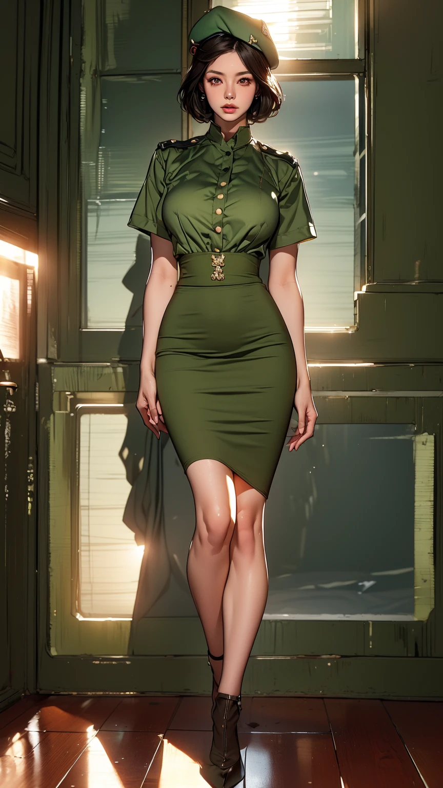 (Best quality, 4K, high resolution, masterpiece:1.2), (ultra-detailed, photo-realistic:1.37), (full-body portrait), 23 years old, Japanese woman, military officer, ambitious, elegance, calm, charming, intimidate, (dark brunette hair), perfect lash, minimal makeup, sun-kissed skin, expressive brown eyes, gloss lips, seductive allure, perfect hourglass body shape, long toned legs, flat abs, perfectly round E cup breasts, very Tall, slim, with peachy hips, (She is wearing a Maroon Beret), (drab color short-sleeved commissioned officer shirt), ((olive pencil skirt)), Background featuring military base.