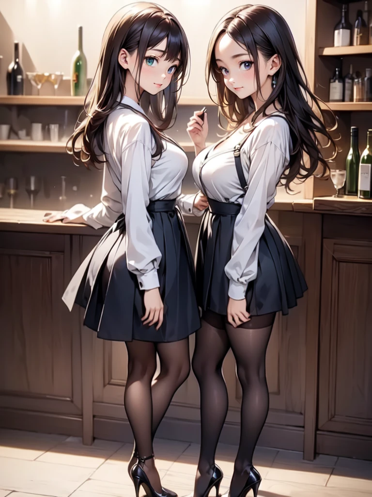 (masterpiece:1.3),(best quality, highest quality),((Full Body Shot,Including face)),()1girl,4K,masterpiece,((Focus on the face)),((Symmetrical facial features)),Beautiful woman,(slender),((High heels,Patterned stockings with straps)),Detailed depiction of the face, Cafe clerk ,bar counter,profile,Long skirt,slenderな女性,Green Cafe uniform,Age 25,Working