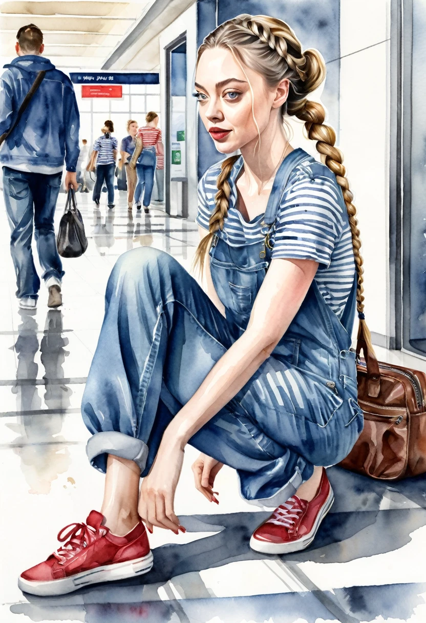 Realistic watercolor illustration of a beautiful woman. She looks like Amanda Seyfried. She is dressed in a baggy jean jumpsuit with a striped t-shirt and has her hair braided, and the braid is so long that it touches the floor. The scene is meant to depict the woman gathering the things that fell out of her purse on the airport floor