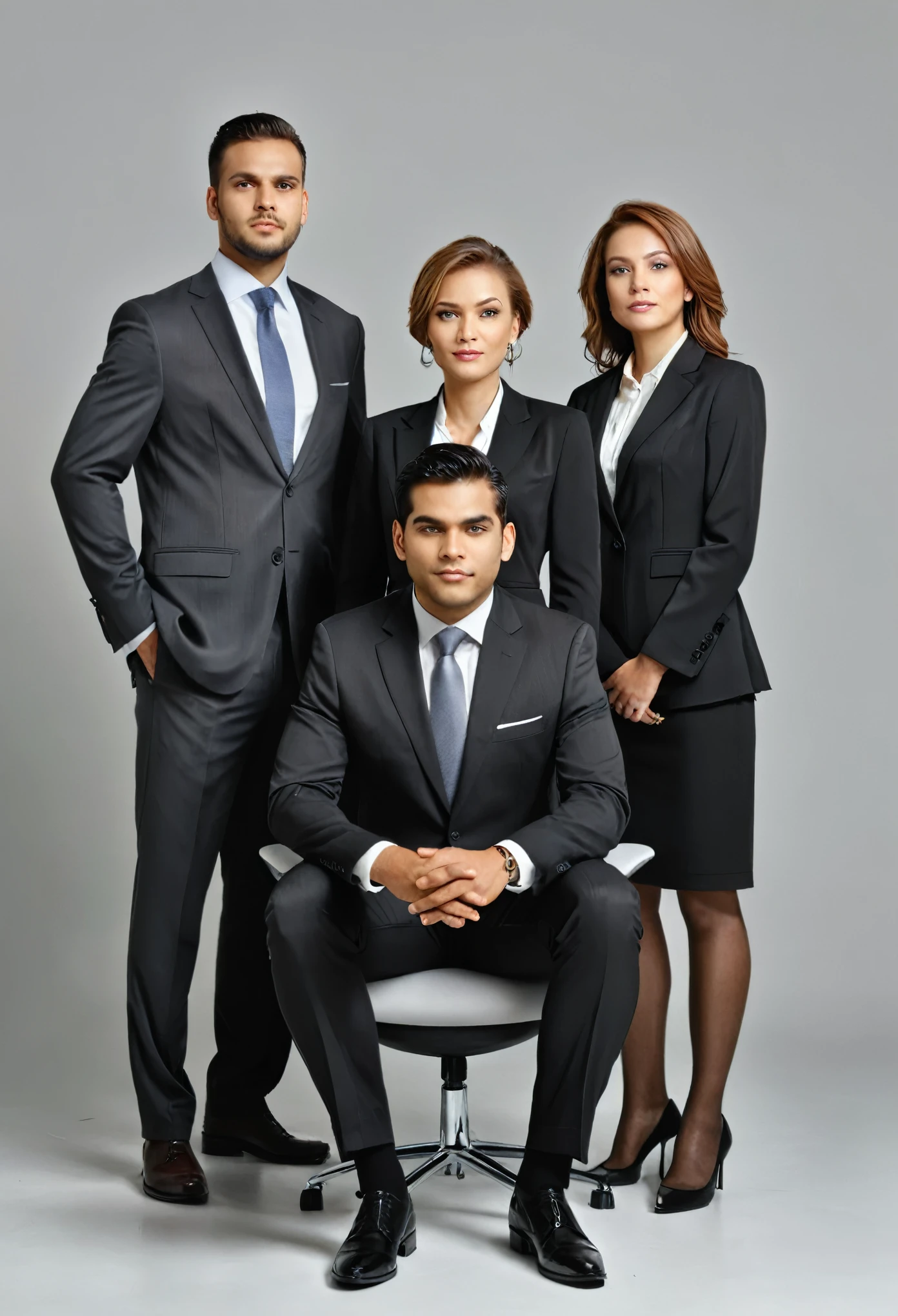 a group of 2 men and 2 women in formal business attire standing and sitting, confident and looking directly at the viewer, full body shot , gray background , closeup