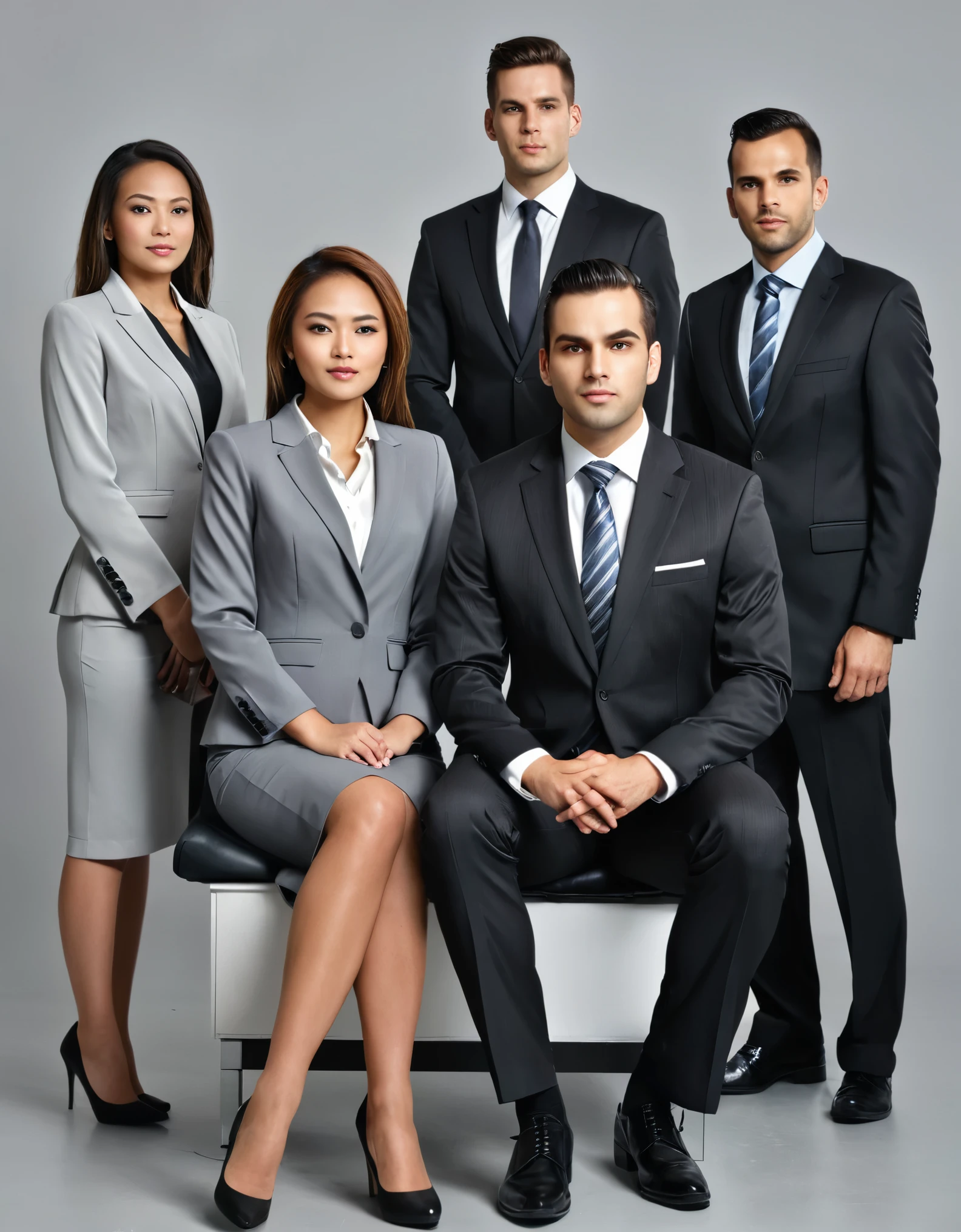 a group of 3 men and 2 women in formal business attire standing and sitting, confident and looking directly at the viewer, full body shot , gray background , closeup