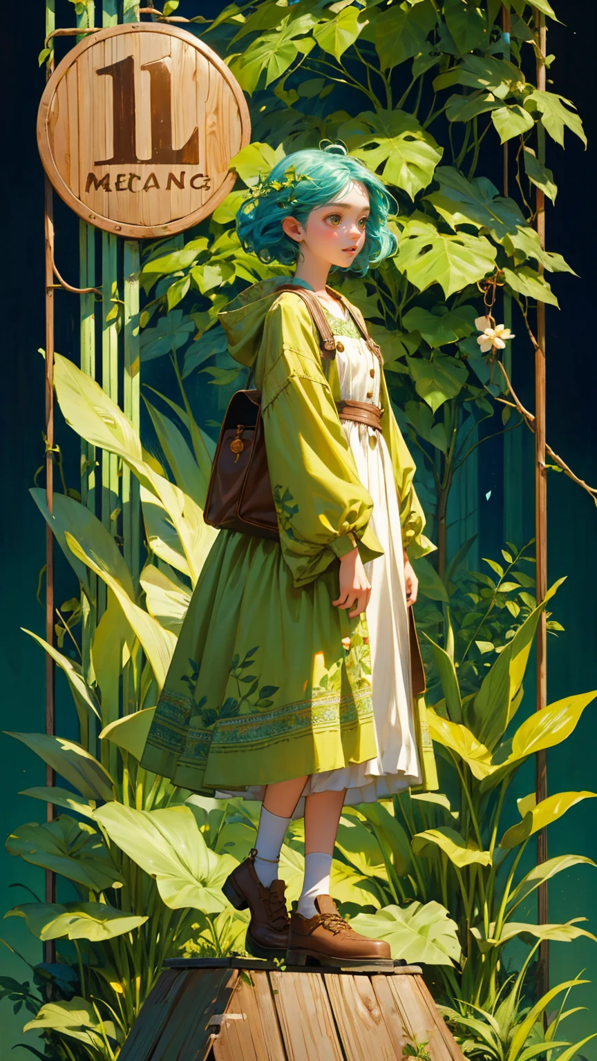 A whimsical scene featuring a character made of wood, standing on a wooden platform and shouting into a microphone. The character has exaggerated expressions and is surrounded by lush green foliage. The background includes elements like vines and leaves, enhancing the natural theme. A wooden sign above the character reads 'ANNOUNCEMENT OF ANNOUNCEMENT' in bold, playful letters. Replace the wooden character with a beautiful, cute girl while maintaining the same whimsical, natural style and vibrant expressions. Ensure the new character has similarly styled hair and clothing to fit seamlessly into the scene. The background, foliage, and overall color scheme should remain exactly the same, preserving the lively and imaginative feel of the image