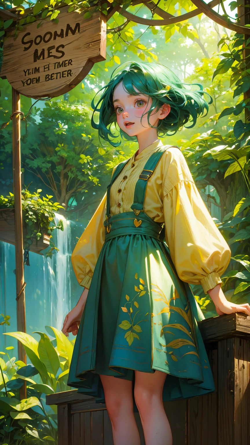 A whimsical scene featuring a character made of wood, standing on a wooden platform and shouting into a microphone. The character has exaggerated expressions and is surrounded by lush green foliage. The background includes elements like vines and leaves, enhancing the natural theme. A wooden sign above the character reads 'ANNOUNCEMENT OF ANNOUNCEMENT' in bold, playful letters. Replace the wooden character with a beautiful, cute girl while maintaining the same whimsical, natural style and vibrant expressions. Ensure the new character has similarly styled hair and clothing to fit seamlessly into the scene. The background, foliage, and overall color scheme should remain exactly the same, preserving the lively and imaginative feel of the image