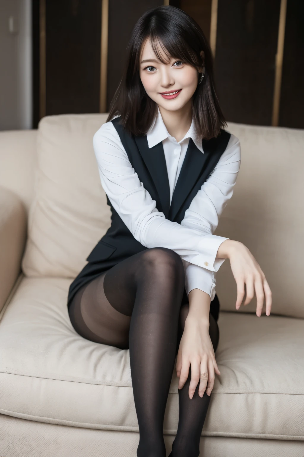 ulzzang-6500-v1.1, (RAW Photos:1.2), (Photorealistic), (Genuine:1.4), There is an office lady sitting cross-legged on the sofa., (Ultra-realistic pantyhose:1.3)、Skirt and thighs、Wearing a vest、White ultra-thin shirt、Dressed in a strict suit, Various poses, 30-year-old woman, 30-year-old woman, Height: 165cm, Full Leg、Laughter、 Vivid details, Super Detail, Realistic skin texture, Detailed aspect, Beautiful details in the eyes, Makeup, (Detailed Background:1.2), Glowing Skin、Exposed thighs!!!、