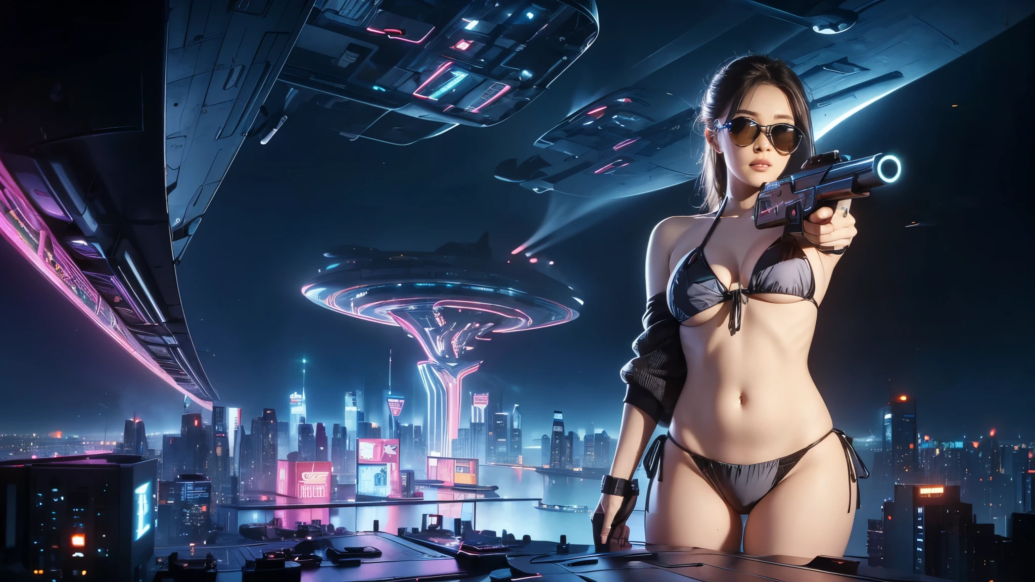 (((a medium-breast bikini slim GIRL with black micro sunglasses))), (((aiming at viewer with a pistol))), a balcony of a futuristic building, aerial view of an ultra-futuristic megalopolis, many metal buildings and houses in dark colors from dark blue to black, a cidade tem tons de cinza metal, has smoky metal structures , industrial environment with smoke and fog around, carros escuros nas ruas, desert megalopolis, trilhos e trens modernos de de metal passando estre as ruas da cidade, tall futuristic metal buildings, many ultra modern buildings around, realistic, detailed, sci-fi.
