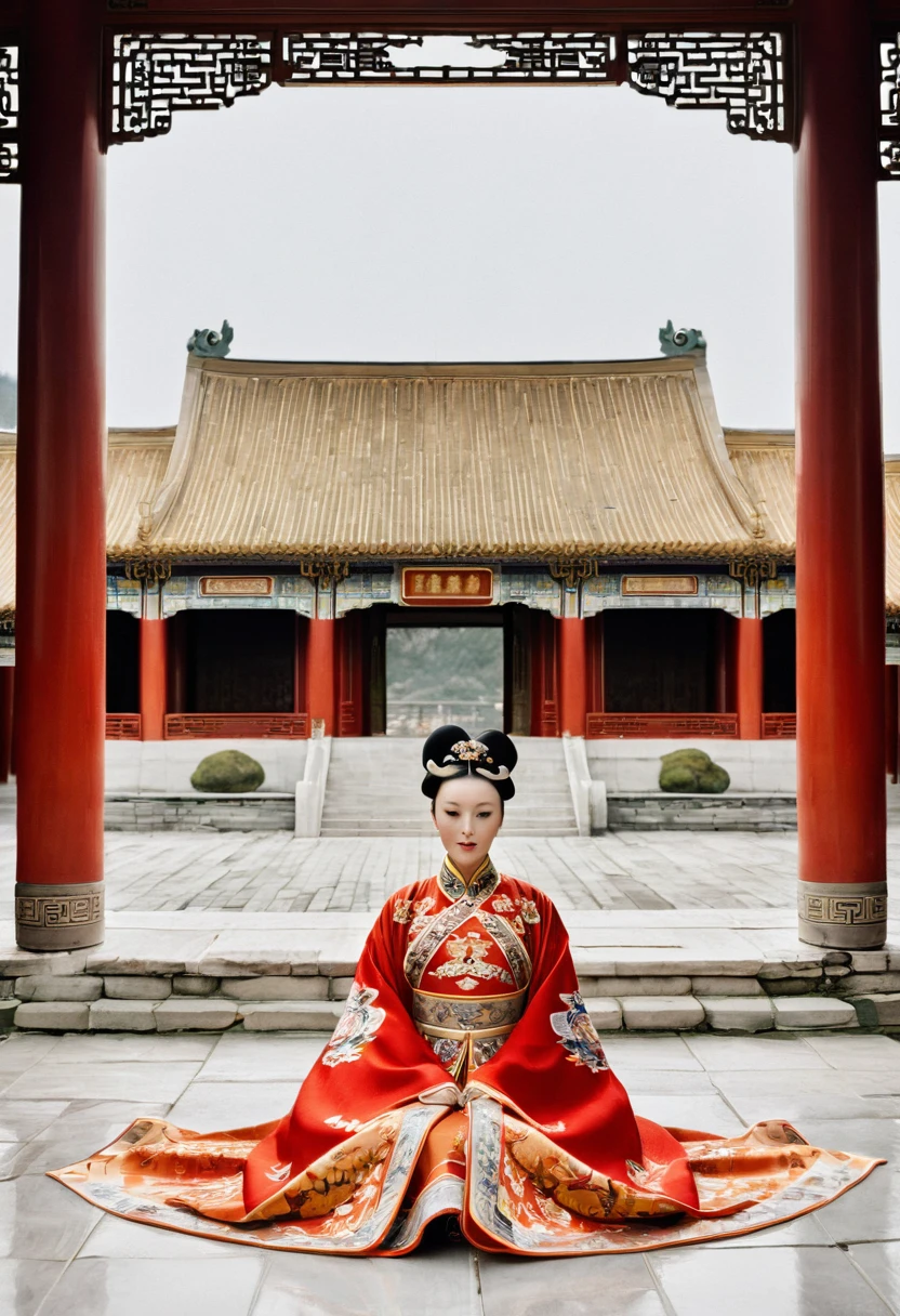 A Qing dynasty empress sits naked with her legs spread in the Chinese palace. The Qing dynasty empress is wearing a crown and has her hair tied up. The background is the stone pavement outside the Qing dynasty.