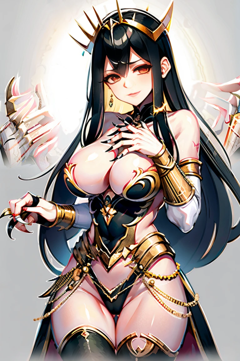 hand on own chest, hands up, black hair, bare shoulder, red eyes, very long hair, cleavage, large breasts, dress, showgirl skirt, high-leg, cleavage cutout, tiara, bare thighs, gauntlets, bare shoulder, ((((((((((bare nails, bare fingers, bare hands, good hands, best hands, Correctly aligned fingers, extremely detailed hands and fingers, ultra detailed hands and fingers, super detailed hands and fingers, perfect female hands and fingers, biologically accurate hands and fingers, 4 fingers and 1thumb accurate hands and fingers, beautiful hands and fingers, hands and fingers drawing, human hand and fingers, perfect arrangement of fingers, detail focus hands, perfection hands, better hands)))))))))), adult face, fearless face, both arms, two arms, both hands, two hands, super fine illustration, masterpiece, masterwork, by famous artist, official art, ultra high res, best quality, high quality, Hand, detailed, perfect, perfection , hands, both hands is Thumb and index finger and middle finger and ring finger and little finger, symmetrical hands, even hands, panties, thighhighs,