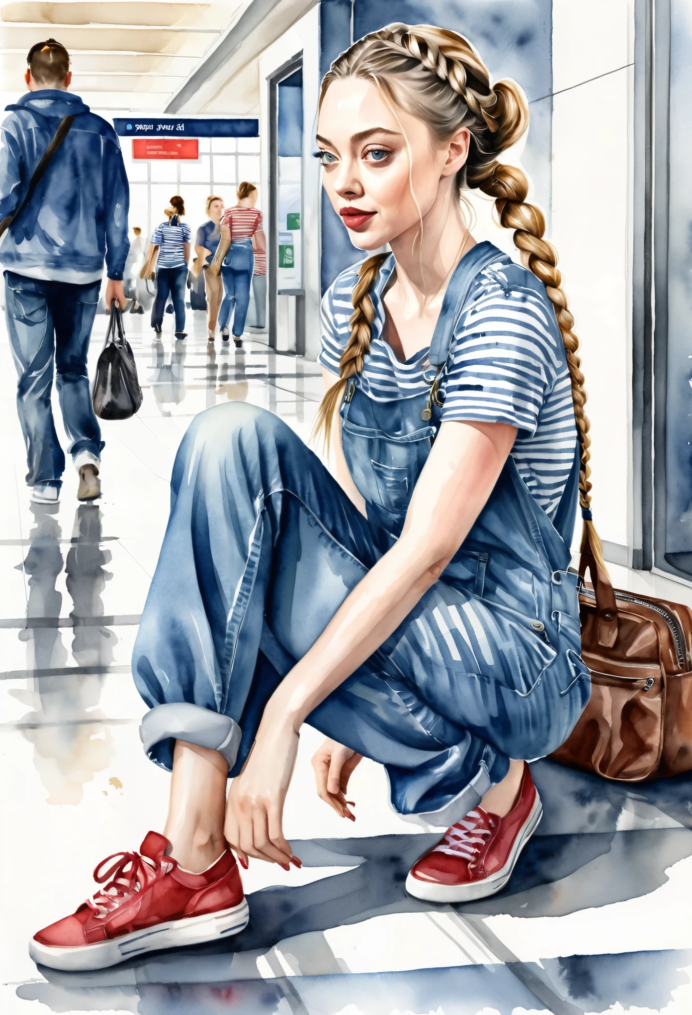 Realistic watercolor illustration of a beautiful woman. She looks like Amanda Seyfried. She is dressed in a baggy jean jumpsuit with a striped t-shirt and has her hair braided, and the braid is so long that it touches the floor. The scene is meant to depict the woman gathering the things that fell out of her purse on the airport floor
