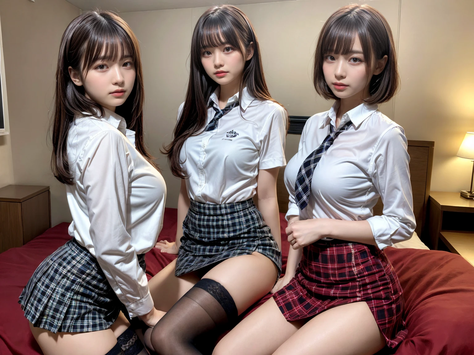 masterpiece, best quality, illustration, Super detailed, fine details, High resolution, 8K,wall paper, perfect dynamic composition,(Details High quality, realistic depiction of eyes:1.3), (3 girls), (white school shirt :1.2), (plaid skirt :1.3), tie black, black thigh-high stockings, sitting, open legs, short bob hair, in a hotel room in the background, deep on field, large breasts, black hair color, Big Natural Color Lip, (perfect body shape), crying a little、Harajuku style、20 year old girl、cute type、beautiful legs, Gravure Idol