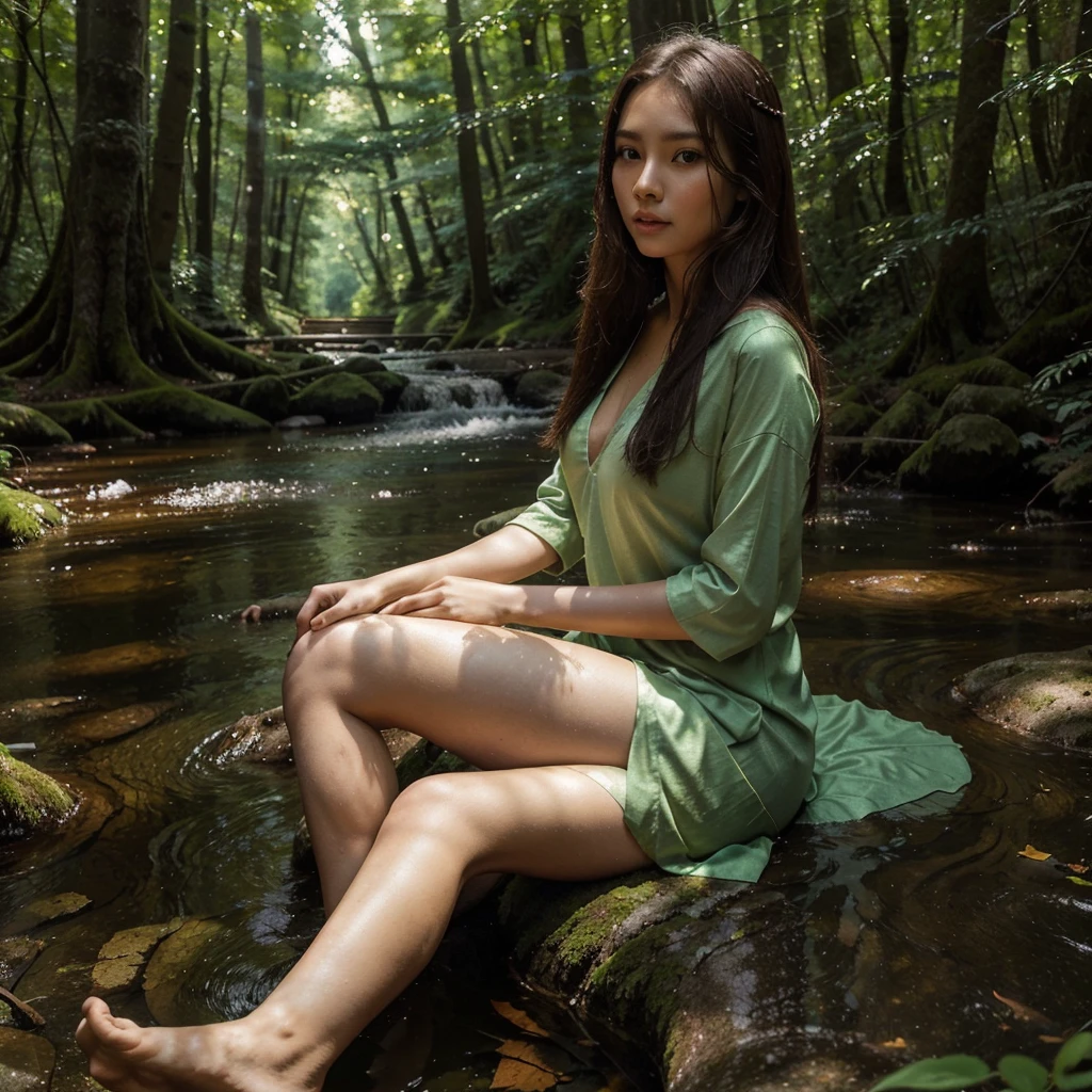 Create 64k photos of a tranquil forest scene at dusk. The forest is bathed in soft, gentle light. There are tall ancient trees. The leaves have a sparkling emerald green color. Low angle portrait. Young woman with Thai-Chinese face ((very sexy)) White skin, long brown hair Slim, sexy figure, wearing thin shirts showing underneath., Not wearing pants, not wearing shoes She sat gracefully beside the stream. Behind the quiet forest backdrop at dusk The forest was bathed in soft, gentle light. There were tall ancient trees with shimmering leaves. The glitter is emerald green and gold. A stream meanders through forest mildly