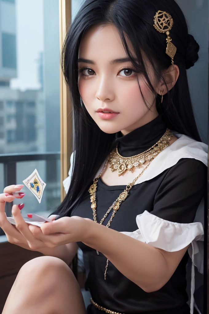 Black Hair young woman fortune teller Tarot Cards