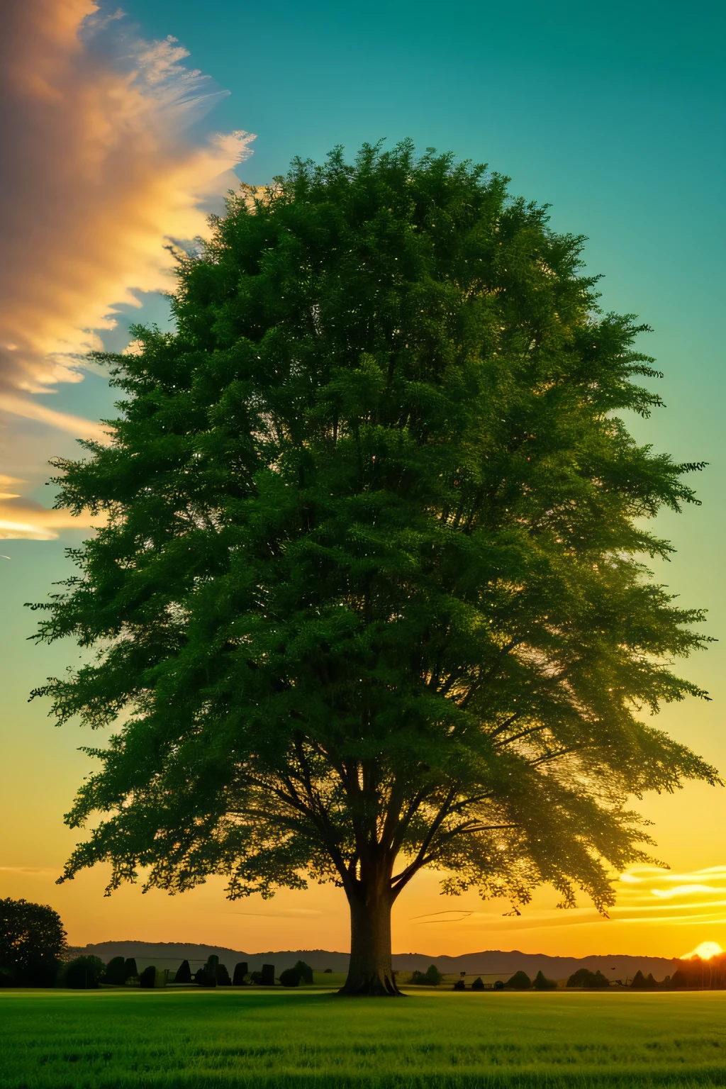 Green field at sunset with one big tree, wide shot