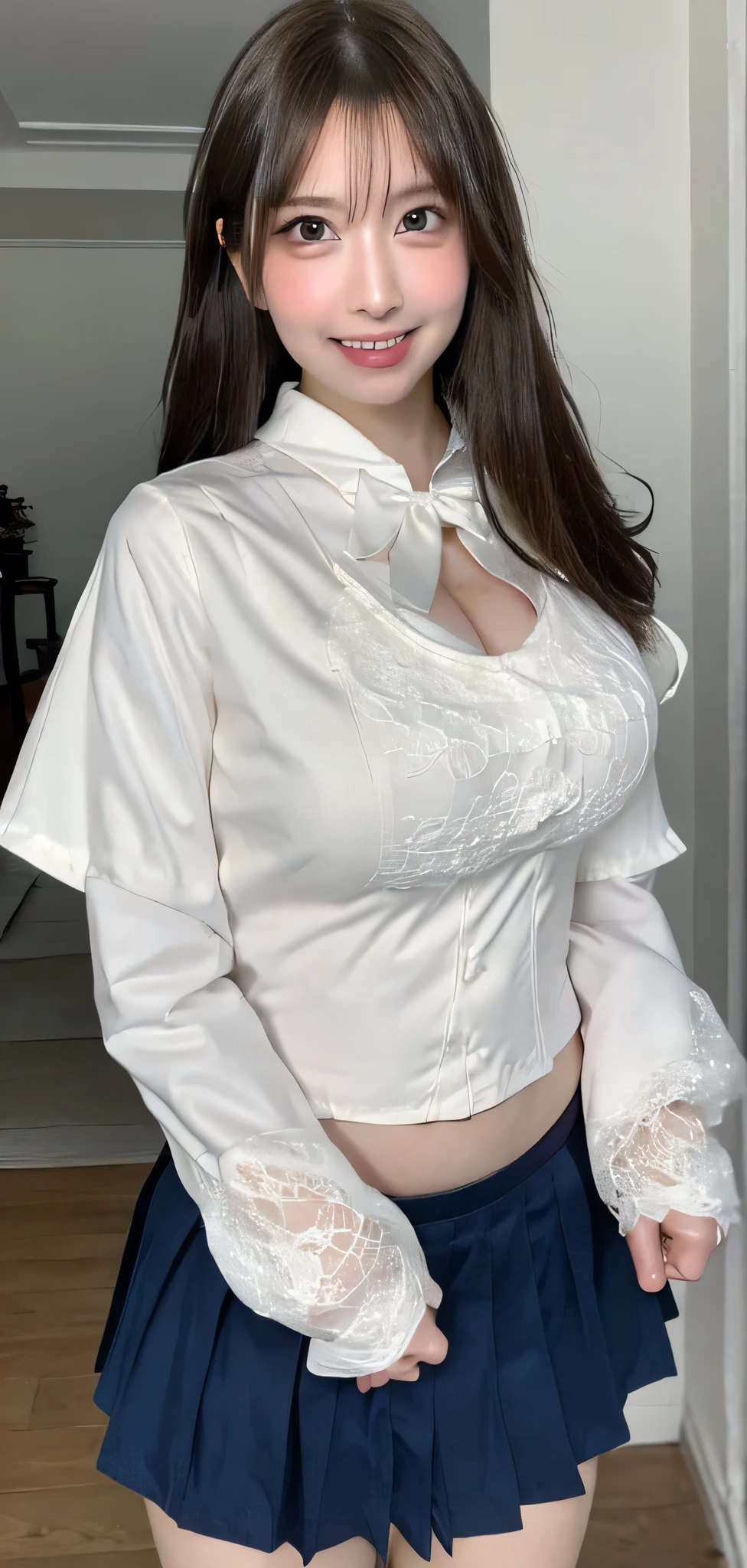 (in 8K、超A high resolution、best quality、masuter piece、Photorealsitic、Ultra high definition)、(huge tit、white collared long sleeve shirt、Always wear black leggings:1.25)(Always walk through the city when it snows:1.13)A Japanese Lady、Cute smile、Must wear short boots