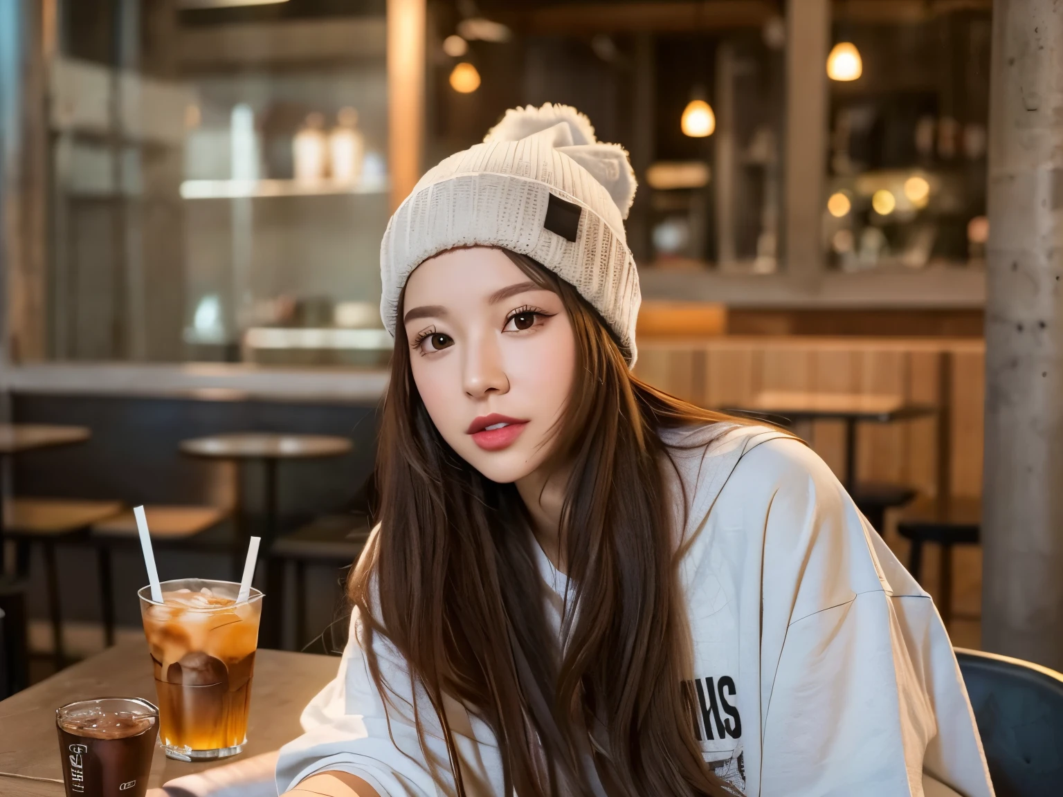A trendy young woman sitting in a modern, industrial-style café, casually enjoying a drink. She has long, straight brown hair and is wearing an oversized white T-shirt with a graphic design, paired with a grey beanie hat. The background features exposed concrete walls, metal pipes, and warm, ambient lighting, creating a relaxed and contemporary atmosphere. The table in front of her has a glass of iced coffee and a small plate of food.