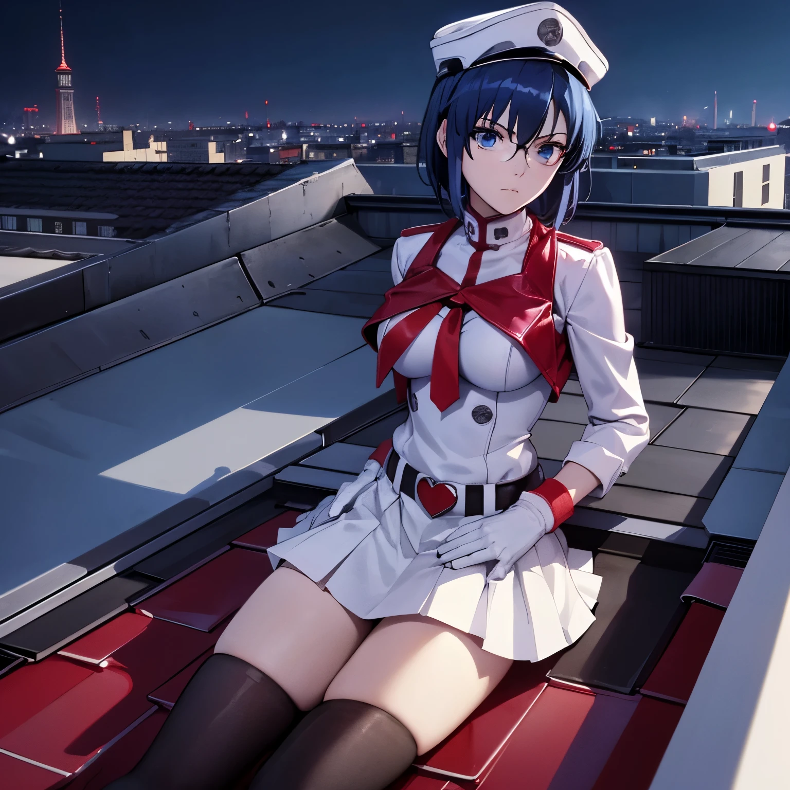 White gloves, red eyes, white jacket, white skirt, best quality, masterpiece, Highly detailed, illustration, absurdres, white military uniform, white uniform, white hat, solo, 1girl, expressionless, blank eyes, looking at viewer, emotionless, corruption, mind control, female combatant, full body, hypnotized, unhappy trance, perfect female body, extremely glossy latex, belt, hypnosis, hypnoLora, empty eyes, Mind control device, thigh high, Bleach, Quincy, thighhighs, tight miniskirt, medium breast, ciel_(tsukihime), blue hair, blue eyes, short hair, glasses, (((rooftop background, on rooftop)))