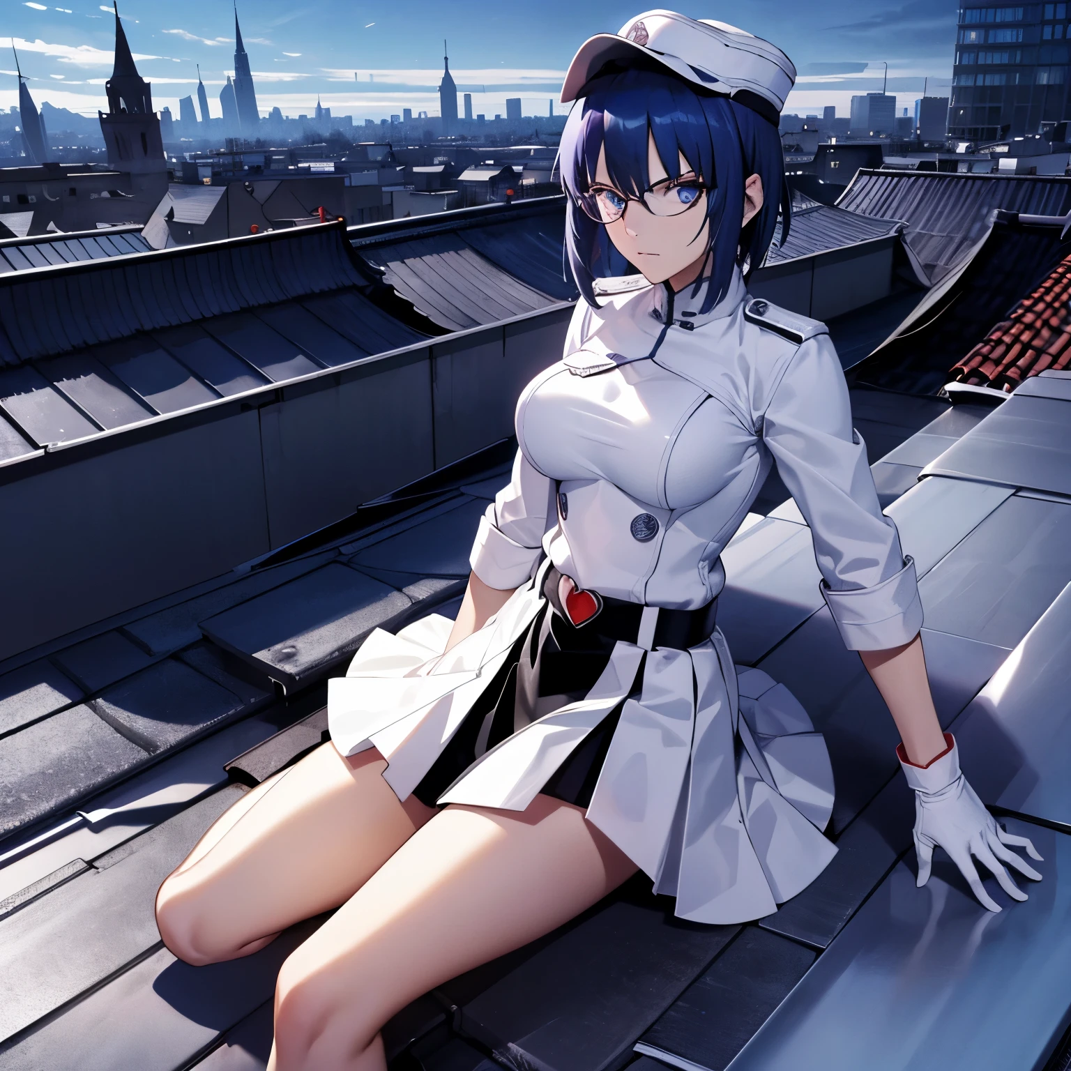 White gloves, red eyes, white jacket, white skirt, best quality, masterpiece, Highly detailed, illustration, absurdres, white military uniform, white uniform, white hat, solo, 1girl, expressionless, blank eyes, looking at viewer, emotionless, corruption, mind control, female combatant, full body, hypnotized, unhappy trance, perfect female body, extremely glossy latex, belt, hypnosis, hypnoLora, empty eyes, Mind control device, thigh high, Bleach, Quincy, thighhighs, tight miniskirt, medium breast, ciel_(tsukihime), blue hair, blue eyes, short hair, glasses, (((rooftop background, on rooftop)))