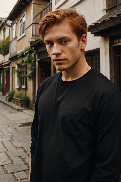 Ginger hair, black shirt, stranger in the village, handsome