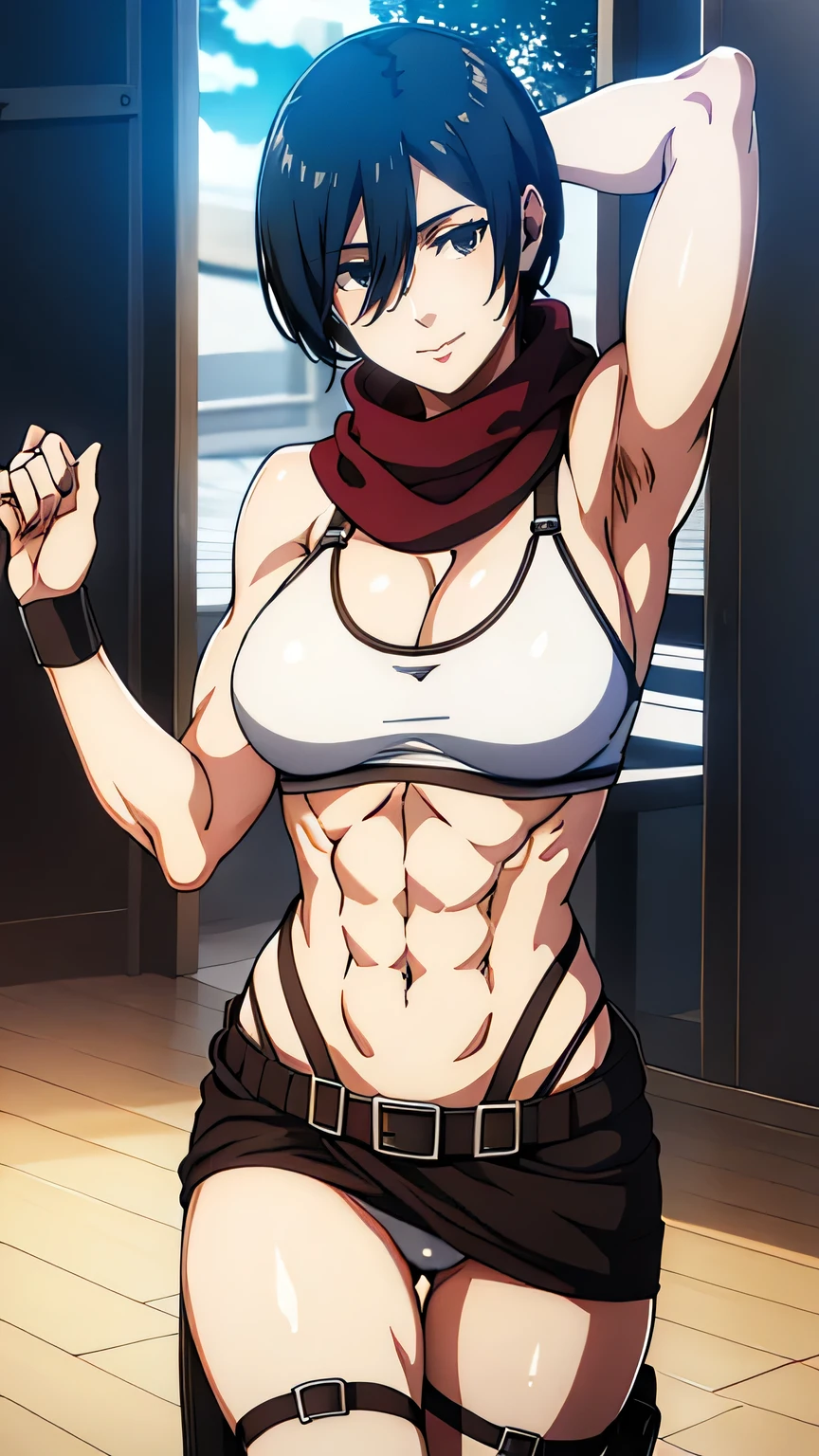 panties, red scarf around the neck, eyes negros, hair negro, short_hair,pelo entre los eyes, 1 girl in, 20 yo,young woman,Beautiful nose,Beautiful character design, eyes perfectos, perfect face,eyes expresivos,Perfect balance, looking at the viewer,Closed mouth, (innocent_big_eyes:1.0),light_They are smiling, official art,extremely detailed CG 8k wallpaper, (masterpiece:1.0),(better_Quality:1.0), muscular, muscular, Muscle, hair negro, eyes grises, stomach, belly button, muscular girl, white bikini, abs, abdomen, legs