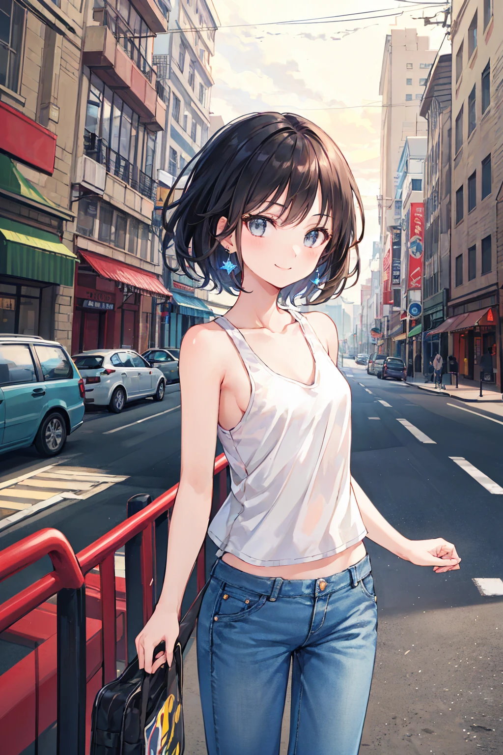 (8k、Best image quality、Highest quality、masterpiece)、Detailed face、1 girl、Black Hair、Shortcuts、((Long neckline))、Grey Eyes、Wicked Smile、Earrings、Small breasts,Flat chest,White tank top、Denim Long Pants、Cowboy Shot、Urban Background
