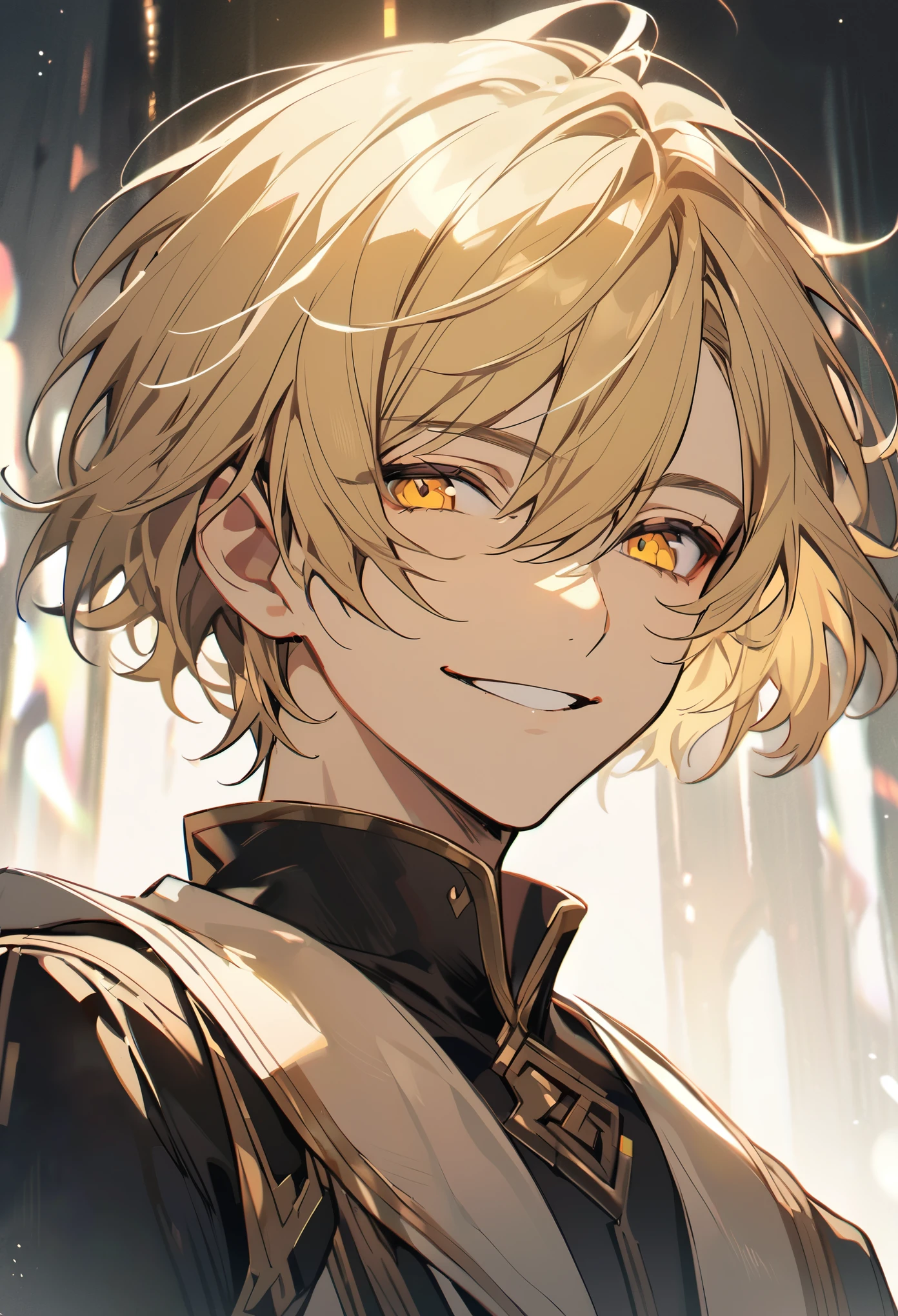good looking, alone, 1 male, short hair, Golden Eyes, Blonde, White, Smile Facial, front, Upper Body