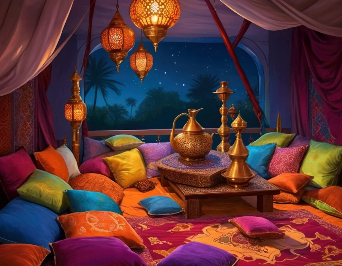 Arab man lying on an Arabic style bed filled with Arabic style pillows, the bed on the floor, with Moroccan fabric curtains. anime style art