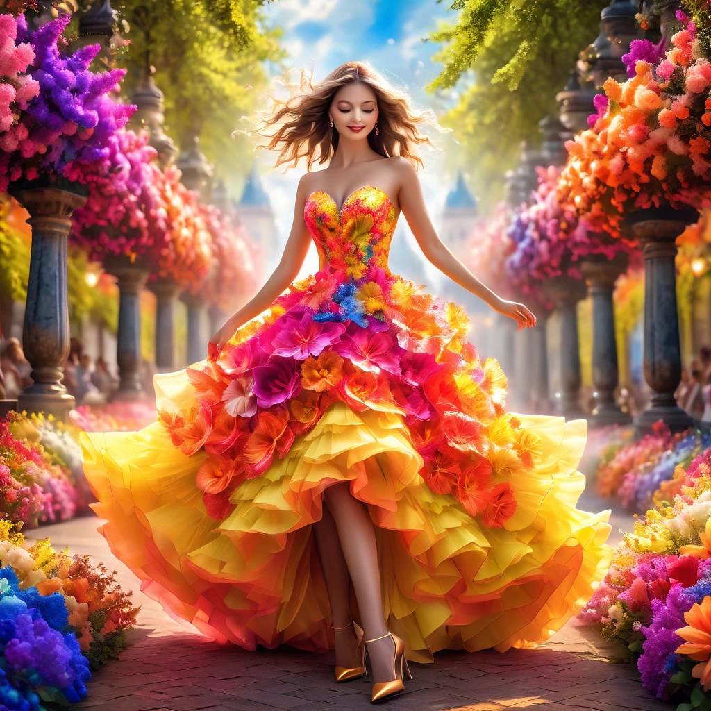 Best quality,4k, 8 K,a high resolution, masterpiece, unique, bright, perfect, well done, woman made of flowers Fluorescent colors, flower dress with wide bokeh skirt, stilettos, full length, dancing pose,very detailed,realistic,realistic,студийное Photo,Very detailed,Dynamic,cinematic,masterpiece,difficult,HDR , Abstract fractal, romantic atmosphere, Photo, award-winning