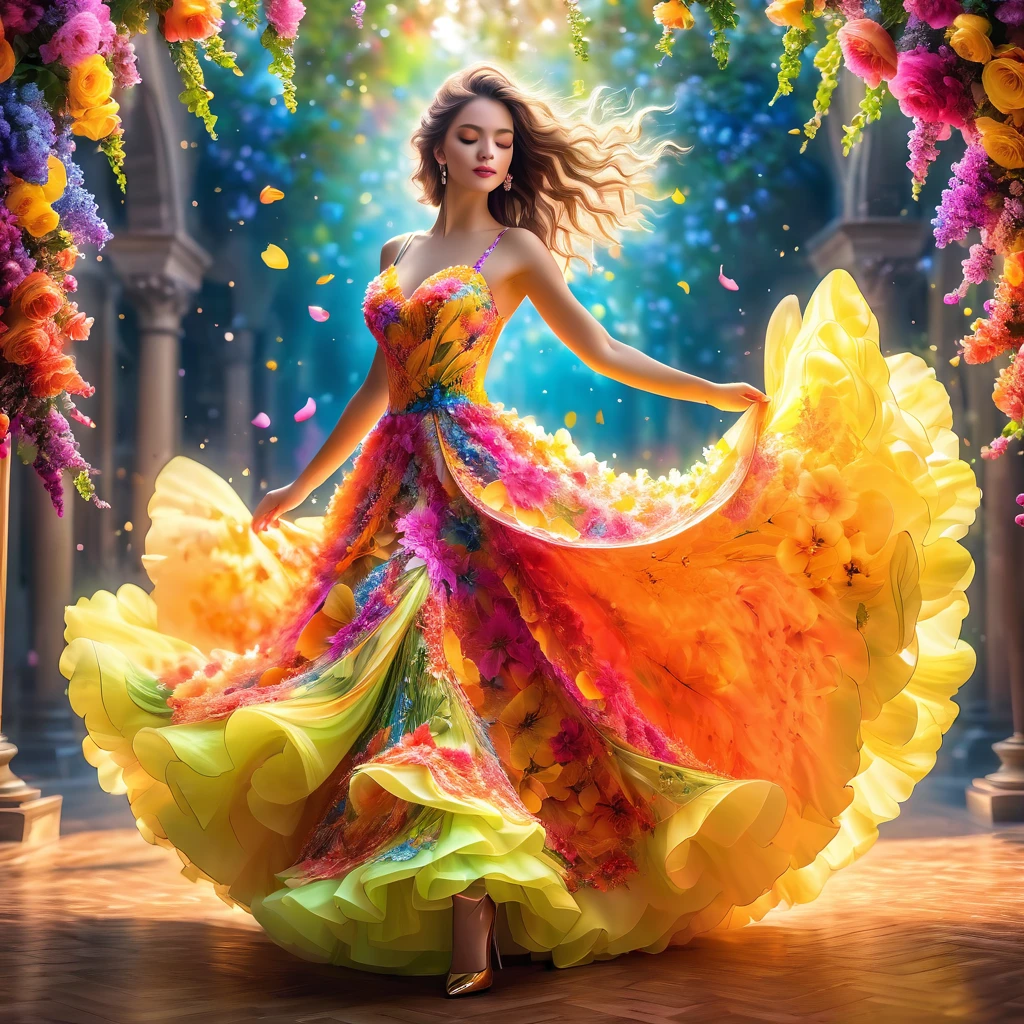 Best quality,4k, 8 K,a high resolution, masterpiece, unique, bright, perfect, well done, woman made of flowers Fluorescent colors, flower dress with wide bokeh skirt, stilettos, full length, dancing pose,very detailed,realistic,realistic,студийное Photo,Very detailed,Dynamic,cinematic,masterpiece,difficult,HDR , Abstract fractal, romantic atmosphere, Photo, award-winning