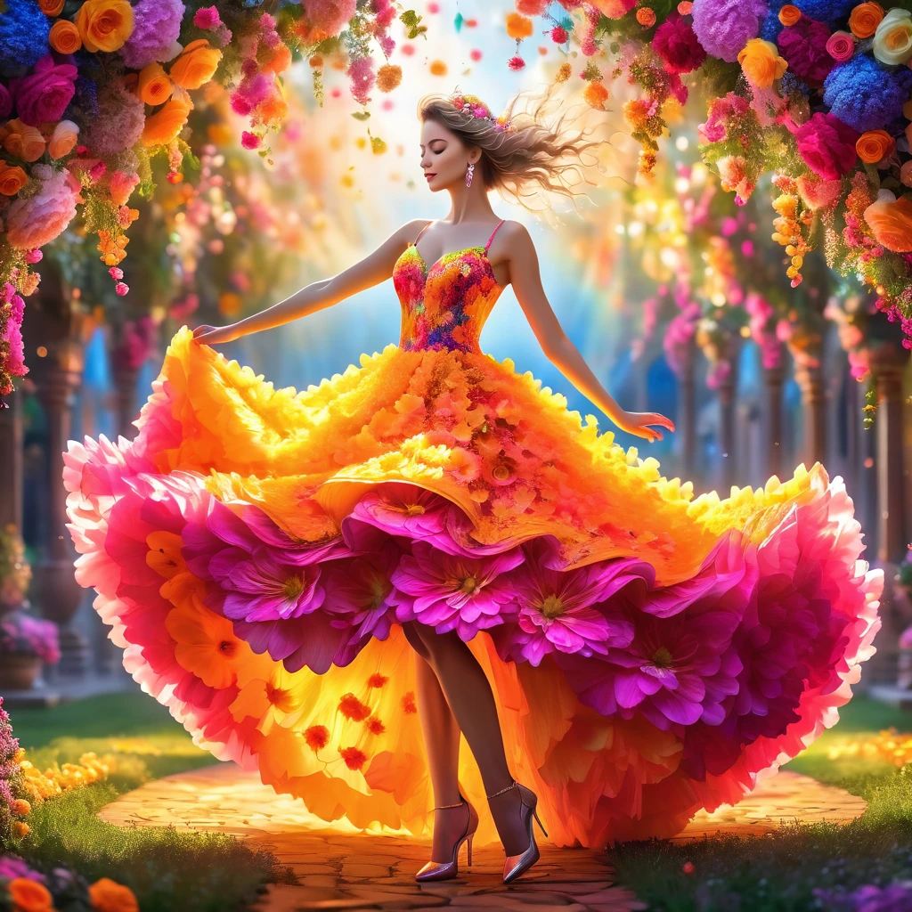 Best quality,4k, 8 K,a high resolution, masterpiece, unique, bright, perfect, well done, woman made from unripe lemon flowers, flower dress with wide bokeh skirt, stilettos, full length, dance pose,very detailed,realistic,realistic,студийное Photo,very No offer , Abstract fractal, romantic atmosphere, Photo, award-winning