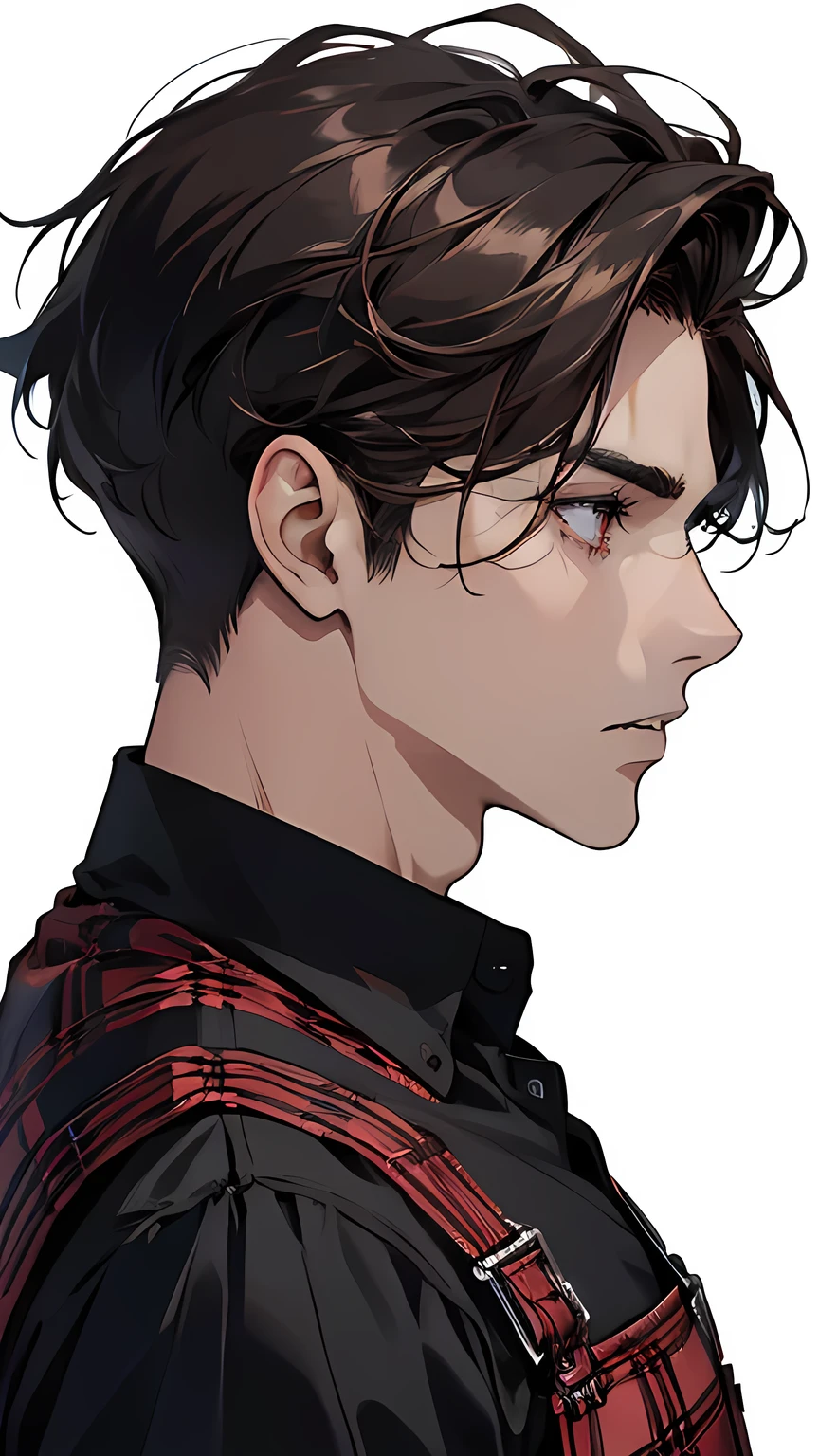 Portrait, profile , standing , killer, male focus , v-taper body, rough {cut short hairstyle, very dark brown hair, male focus, mature
Empty eyes, rings under the eyes, pale skin, sharp teeth} (handsome) , pretty perfect face, wearing a red and black checked flannel shirt, blue dungarees , BREAK (masterpiece) best quality, highest detail, superior quality, natural lighting, white background