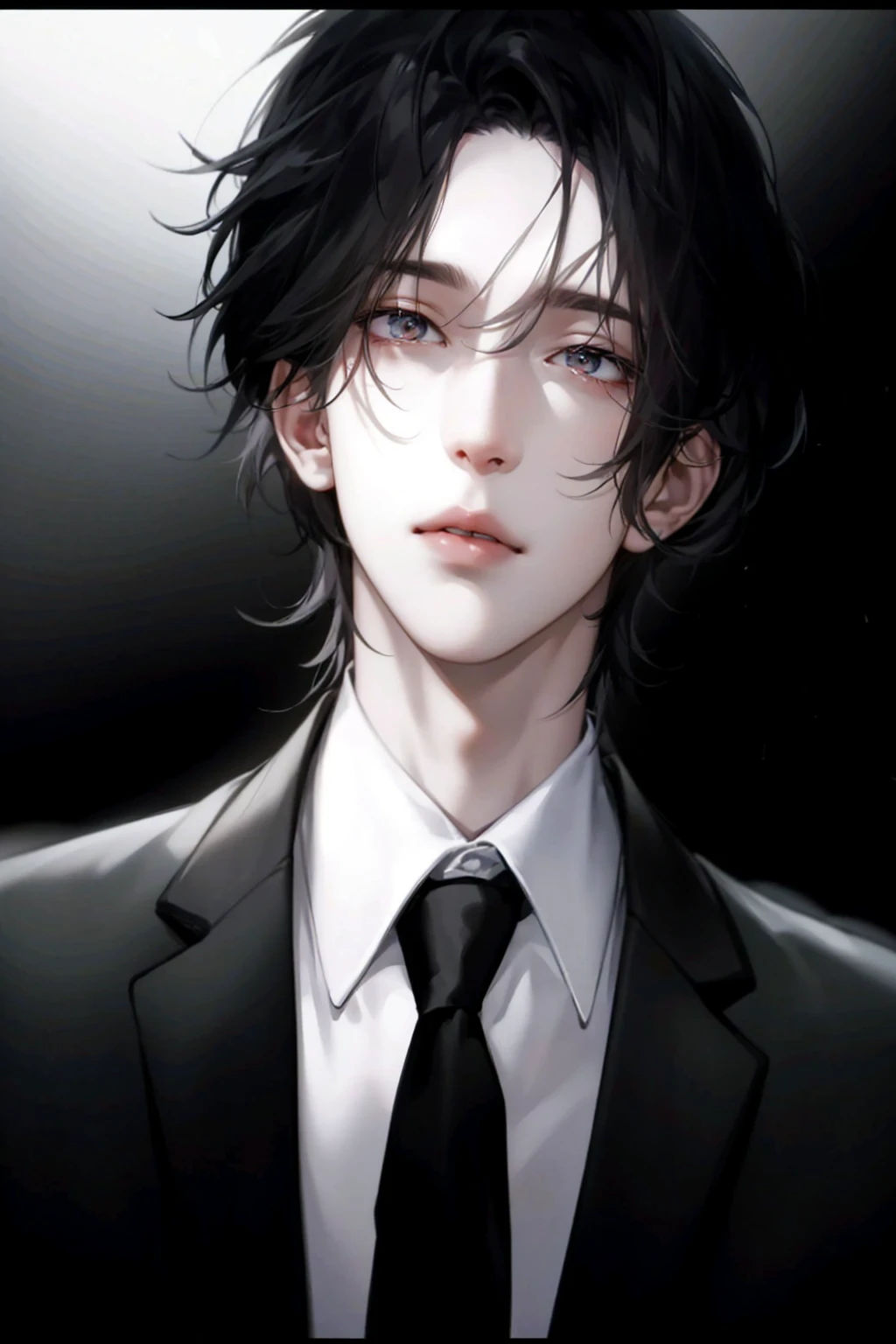 （Hoang Lab，highest resolution，hyper detailing，nffsw），masterpiece，best quality，1st son，amazing，Short and detailed Hein&#39;s eyes and detailed face，black and white suit，dimple，simple black and white background，self shot，black hair，pale skin