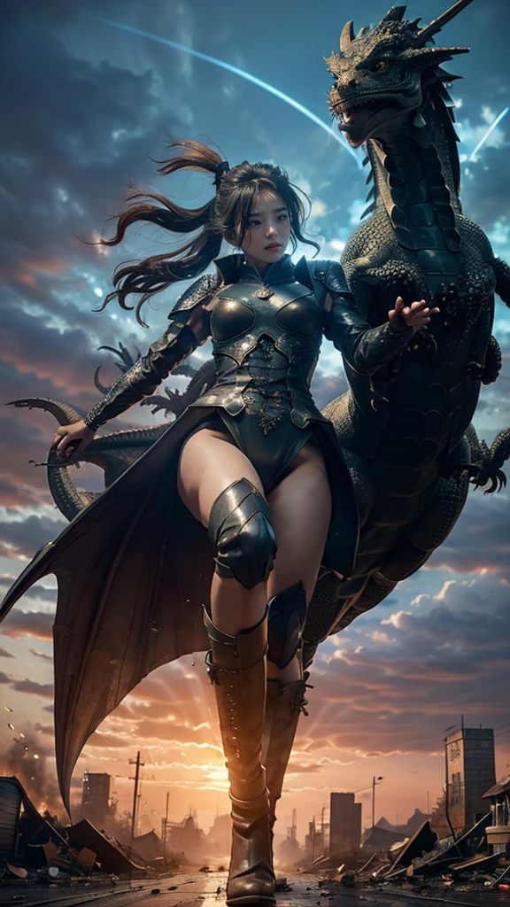 (Giantess element, high resolution, high quality, accurate body structure, detailed body), focus on girl,
BREAK,
Sexy, battle suit, towering giant girl, looking up at approaching woman from below, cute, girl destroying small town,
mischievous expression, white skin, smiling, trampling, walking, trampling, anatomically correct, accurate human body, accurate skeleton, full body portrait, light beam from girl's hand, shock wave from girl's hand, magic,
BREAK,
destroying small town, rubble, burning small town, destroyed small building, collapsed highway, car being crushed, evacuation of residents, sunset, burning small town, rubble scattered at feet, taller than skyscraper, increase destructive element, make city smaller,
BREAK,
(girl and dragon fight:1.5),
BREAK,
blue eyes, monster, (fighting dragon), dragon flying in the sky, dragon in background,