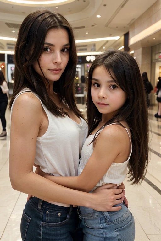 Create an image of mother and daughter at the mall. The mother must be around 44 years old, with extremely short dark hair, and the daughter must be around 8  old, and long lighter hair, but within the same color. The relationship between the two must be unbalanced, the daughter&#39;s attitude being more adult and the mother&#39;s more . The image must be ultra-realistic with 8k quality and fullhd.