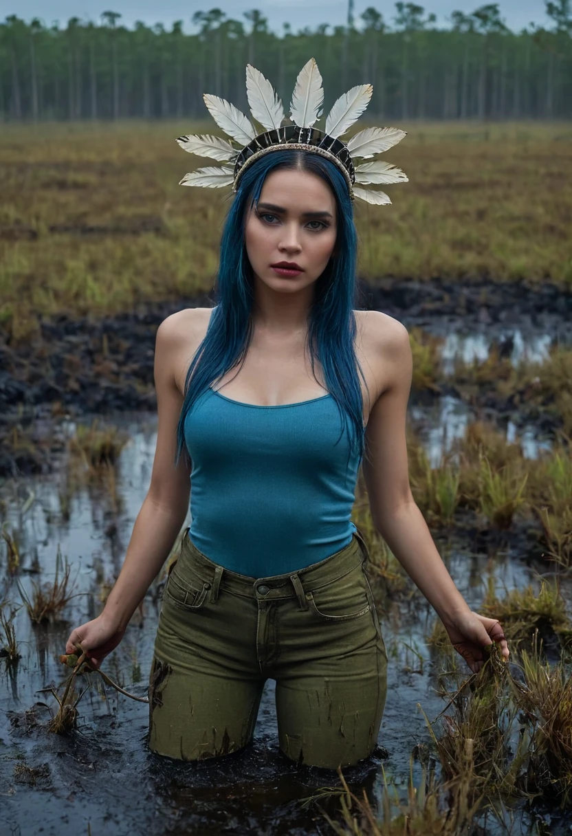  extremely detailed woman is victim of ritual,drowning waist-deep in bog, in the middle of a mysterious bog, wearing a beautiful headdress , captivating faded high-waisted jeans and bright t-shirt,. The scene is of the highest quality, with 4k resolution and ultra-detailed visuals. The woman's facial expressions and body language depict her struggle and fear, while her eyes reflect the intensity of the situation. The lighting is atmospheric, casting eerie shadows throughout the bog. The colors are vivid, with a focus on earthy tones to enhance the natural environment. red, green, blue