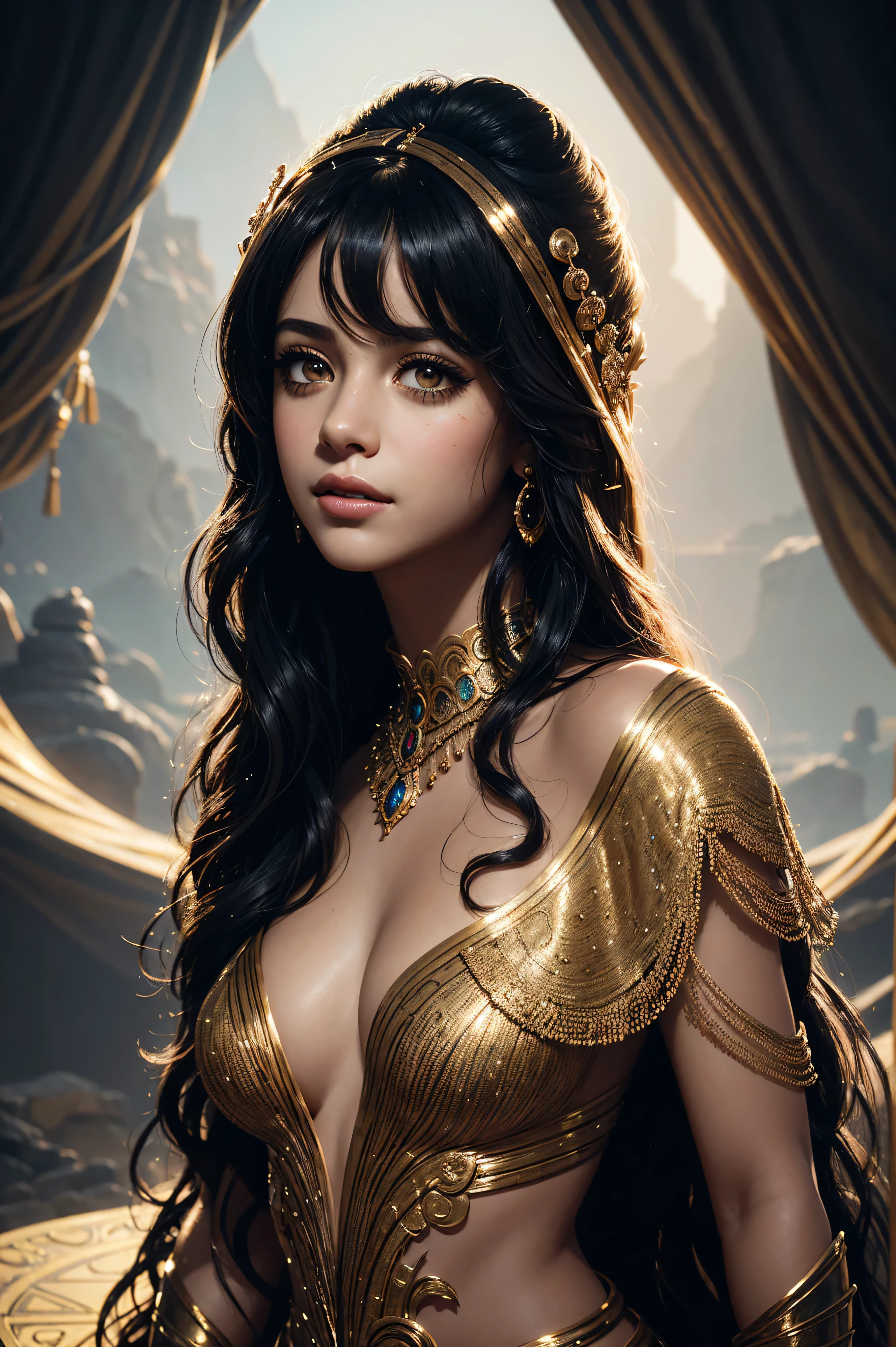 portrait Camila Cabello, wearing cleopatra costume, against the background of the island, character portrait, 6 9 9 0 s, curly hair, intricate, elegant, highly detailed, digital painting, artstation, concept art, smooth, sharp focus, illustration, art by wlop, charlie bowater and alexandra fomina, 36k, glittering, shining