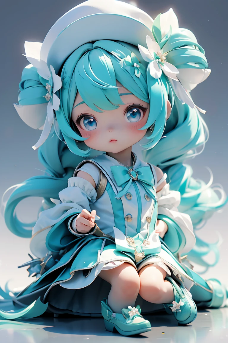 One girl,Havesune miku,Long Hair,alone,Twin tails,Little,Have,White Background,flower,hair flower,hair ornaments,Purple Hair,White mesh,Gradation,Sitting,Simple Background,Black Dress,View your viewers,White dress,very Long Hair,blue eyes,,bangs,plant,Little,Blind Box,Rendering 3D Models