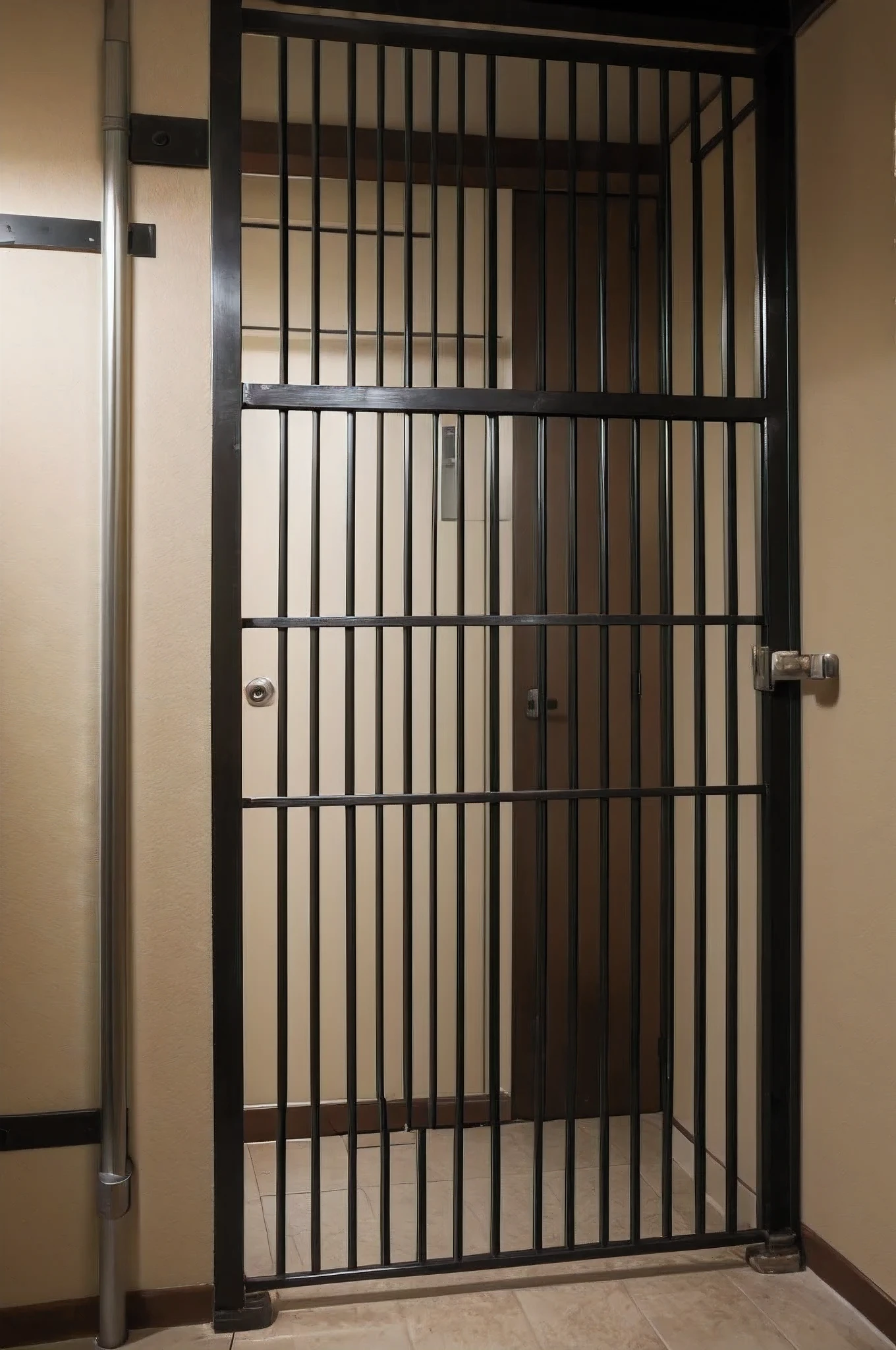 A picture of a jail cell, facing the wall with an opening with metal bars