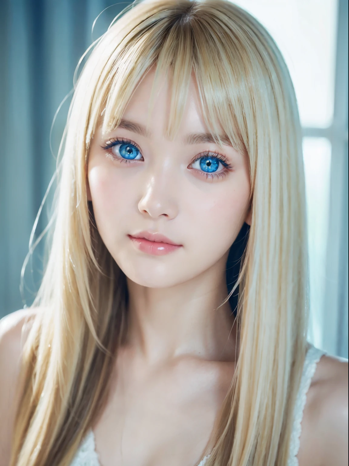 Beautiful white and shining skin、Blonde hair color changes depending on the light、Long bangs obstruct the view、Highlights of cheek luster、Sexy, very beautiful, lovely, cute, gorgeous face、The most beautiful face in the world、Super long gorgeous blonde hair、Smooth straight hair、big, Sparkling light blue eyes、double eyelid、Beautiful Bangs、Beautiful cute girl 18 years old
