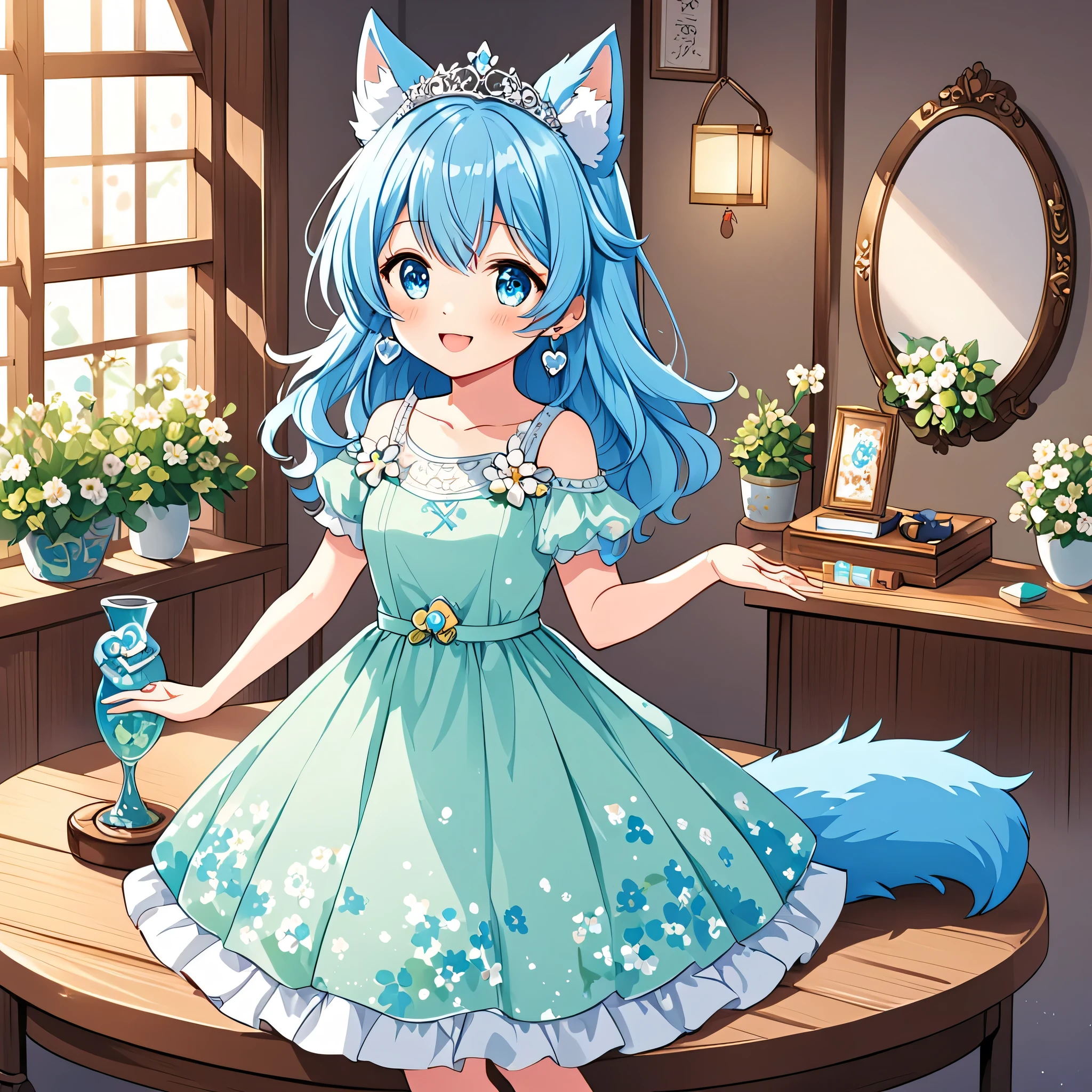 The mascot of the Anime Lover Brazil website is a  Japanese demi-human journalist with a charming appearance and a vibrant personality.. Your hair is sky blue, long and a little wavy, falling gracefully from the shoulders. Your eyes are big and clear, always glowing with curiosity and enthusiasm. The skin is clear and smooth, highlighting your semi-human nature with a delicate lightness.The mascot has wolf ears covered in soft blue fur, positioned on top of the head, giving a lovely and distinctive appearance. She has a blue wolf tail that wags happily, reflecting your emotions.

For spring, the mascot wears a light and flowing light pink or mint green dress, with delicate floral prints. The dress has short sleeves and is slightly flared, providing freedom of movement. On the feet, She wears comfortable flats matching her dress. As an accessory, she can wear a flower tiara that complements her sky blue hair. Small heart or star shaped earrings remain, adding extra charm. The mascot continues to display a beaming smile or an expression of curiosity.

She also wears small heart or star shaped earrings., adding extra charm.The mascot is often seen with its arms cutely crossed or with one hand raised, as if explaining something enthusiastically. She always wears a beaming smile or an expression of curiosity, ready to discover new stories.