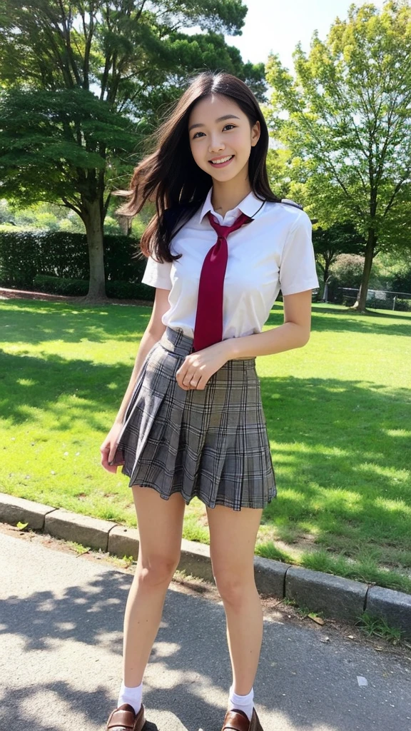 Beautiful girl in the park. Red Tie Uniform、White short sleeve shirt、Blue checked short skirt, 16 years old, whole body, You can see all the way to the tips of your feet、She is wearing black loafers、Short brown hair with side waves. The best smile I see your beautiful thighs, pretty girl, Slim girl. I'Iの肌は美しいです, Natural Makeup 、One Girl, High resolution, Anatomically correct, Highest quality, whole bodyが見える、She is wearing black loafers、whole bodyが見える、Standing alone in the classroom、Standing posture、stand up、You can see all the way to the tips of your feet、You can see even the shoes、whole bodyが写る写真のよう、頭からYou can see all the way to the tips of your feet、Simple Background, Feet in the frame, Portraits,