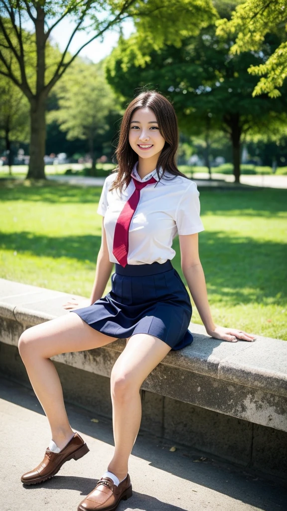 Pure Japanese  girl, sexual attractive, outstanding body, beautiful legs, wearing loose uniform, panty, sweet smile, sitting on bench, refreshing in early summer park, composition from the front, 