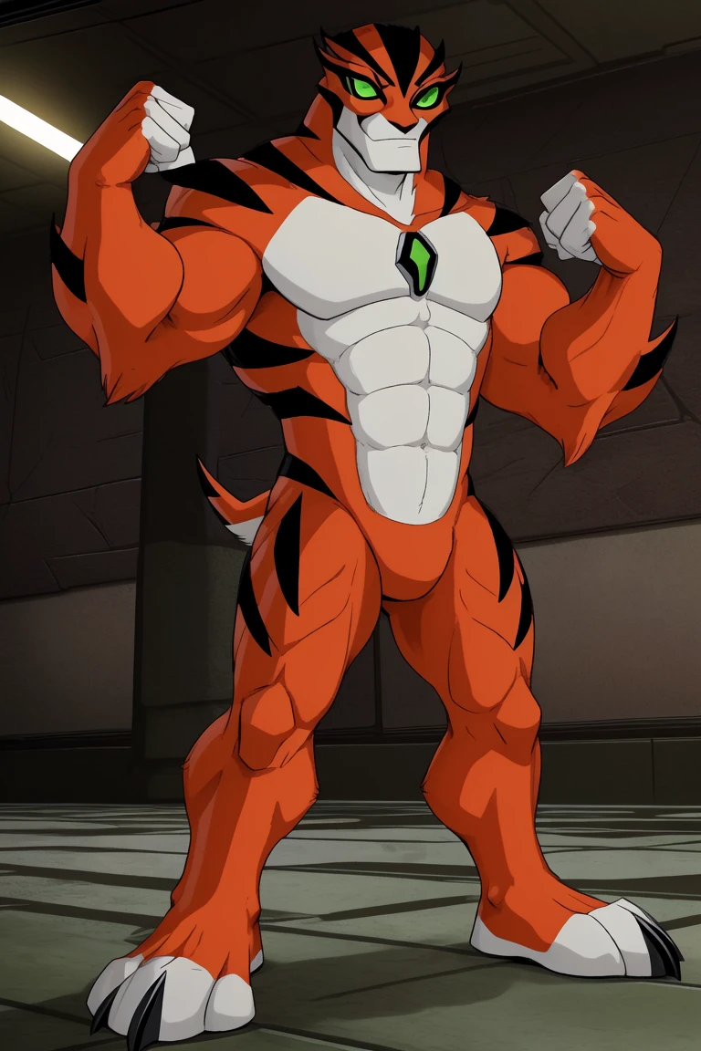 score_9, score_8_up, score_7_up, score_6_up, score_5_up, score_4_up,((rath(ben 10),male furry)), green eyes, (pose:1.3), (posing:1.3), (soft shading), 4k, hi res, five fingers, detailed hands, ((detailed face, (detailed eyes:1.3), detailed)), (((full body))),show legs,show feet,(by gammachaos:1.5), solo, looking at viewer, 1boy, standing, full body, male focus,((topless,bottomless)), abs, biceps, flexing, smile,