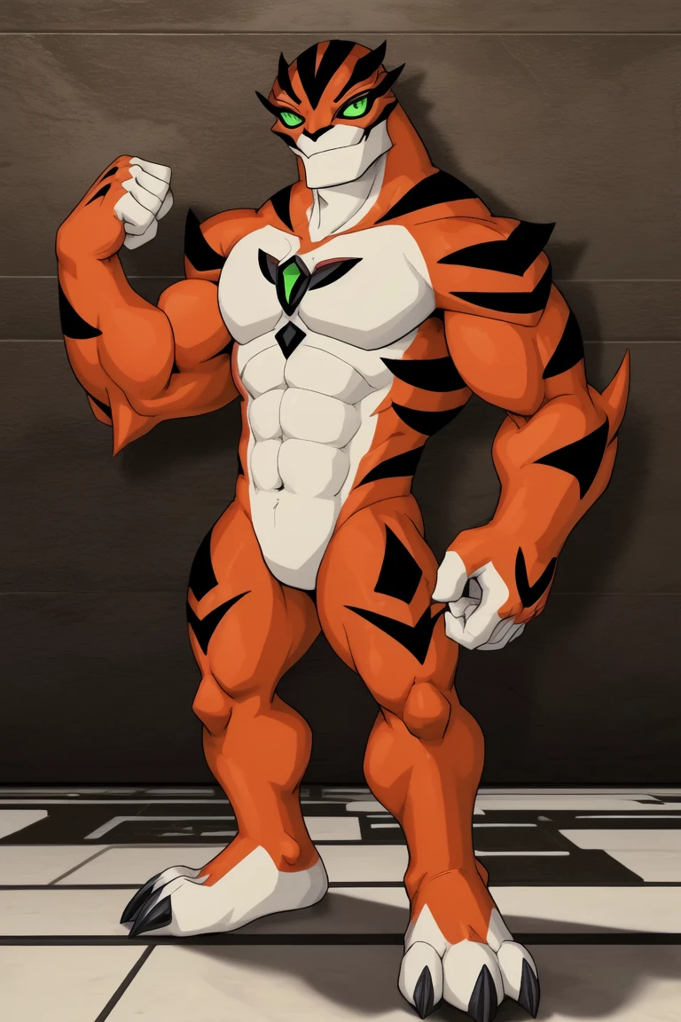 score_9, score_8_up, score_7_up, score_6_up, score_5_up, score_4_up,((rath(ben 10),male furry)), green eyes, (pose:1.3), (posing:1.3), (soft shading), 4k, hi res, five fingers, detailed hands, ((detailed face, (detailed eyes:1.3), detailed)), (((full body))),show legs,show feet,(by gammachaos:1.5), solo, looking at viewer, 1boy, standing, full body, male focus,((topless,bottomless)), abs, biceps, flexing, smile,