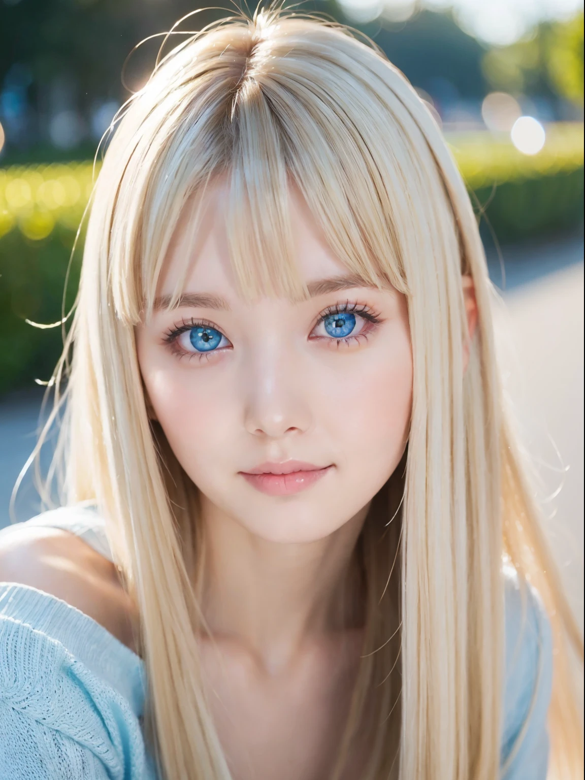 Beautiful white and shining skin、Blonde hair color changes depending on the light、Long bangs obstruct the view、Highlights of cheek luster、Sexy, very beautiful, lovely, cute, gorgeous face、The most beautiful face in the world、Super long gorgeous blonde hair、Smooth straight hair、big, Sparkling light blue eyes、double eyelid、Beautiful Bangs、Beautiful cute girl 18 years old